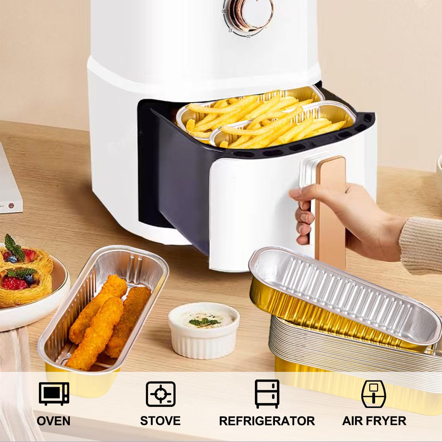 Paquete de 50 moldes para hornear de papel de aluminio de 6.8 onzas con tapas y cucharas, prácticos recipientes rectangulares con calcomanías, tazas
