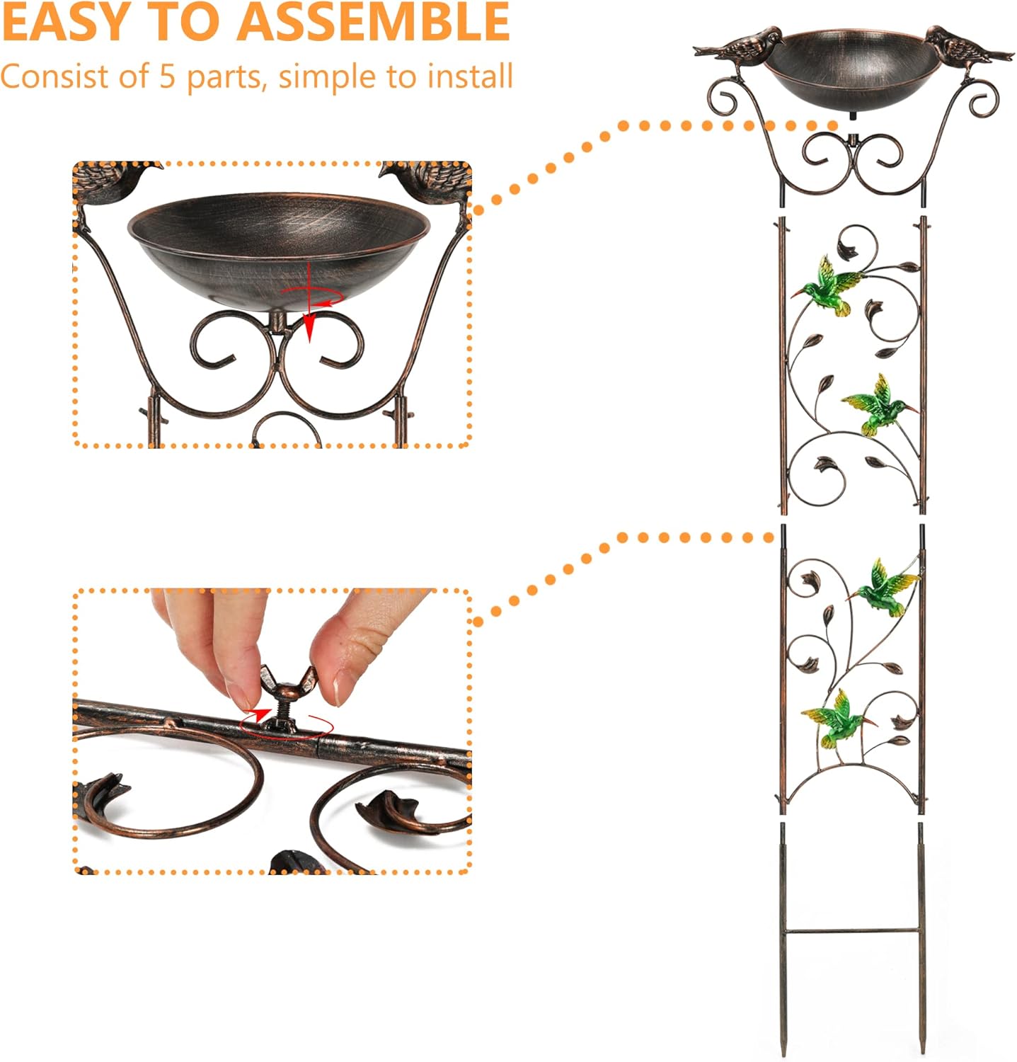 LEWIS&WAYNE Enrejado de jardín para pájaros al aire libre, 40 pulgadas de hierro antiguo enrejado decorativo con colibríes y cuenco desmontable para