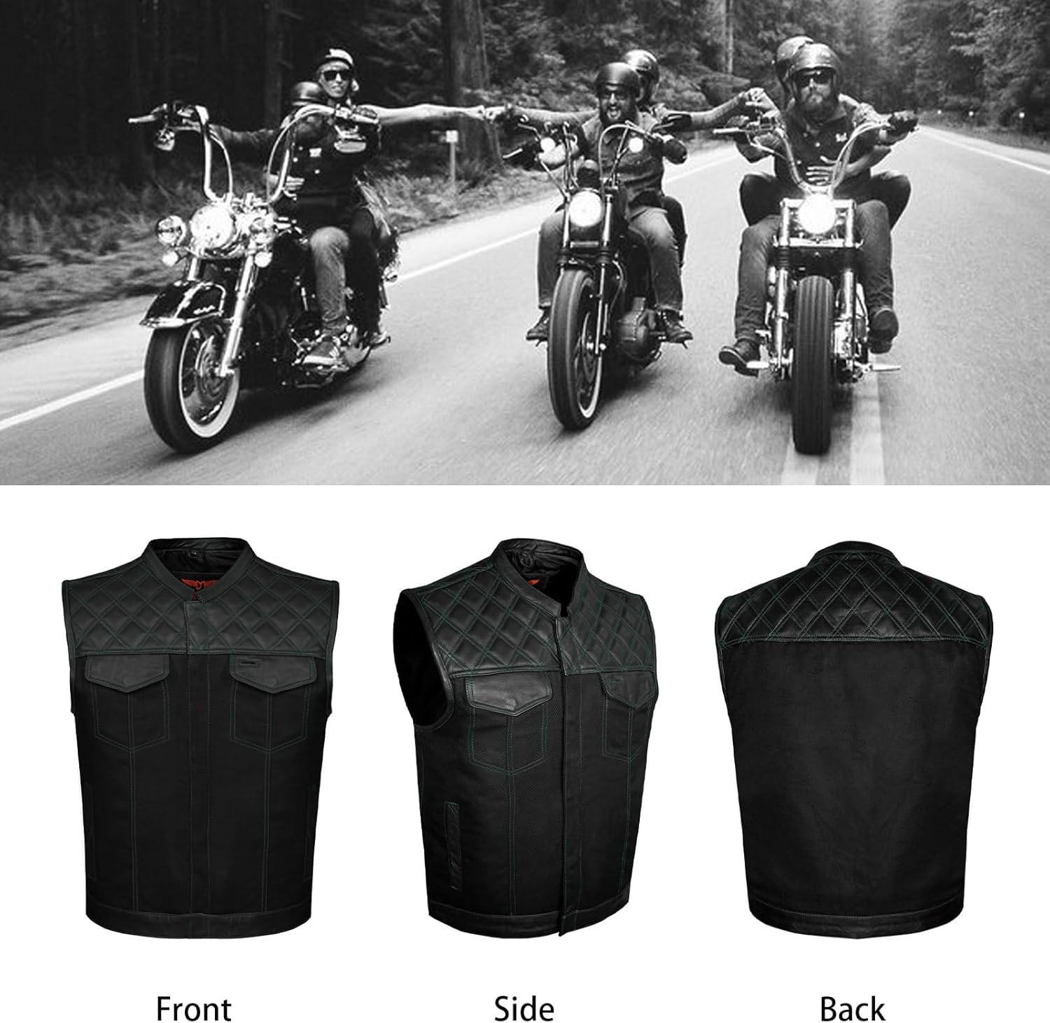 GARGOYLE BELLS Chaleco de moto de mezclilla y cuero para hombre con bolsillos para pistola SOA Biker Club Chaleco con acolchado de diamante para