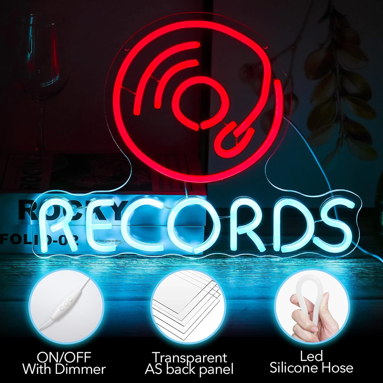 Noasktt Letrero de neón para discos de vinilo, luces de neón para decoración de pared, decoración de pared LED de música funky, letrero estético de