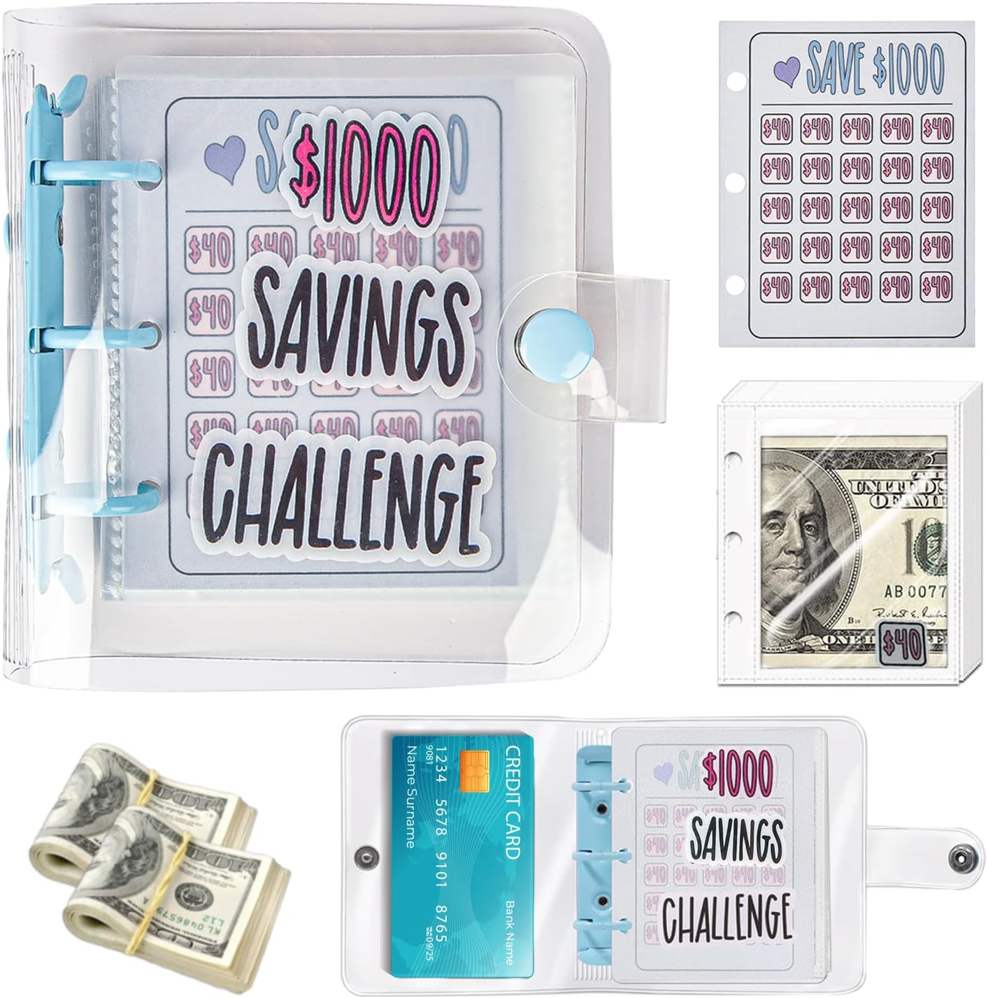 Carpeta de ahorro de 1000 desafíos, carpeta de ahorro de dinero, mini carpeta de presupuesto con sobres para efectivo, manera fácil y divertida de