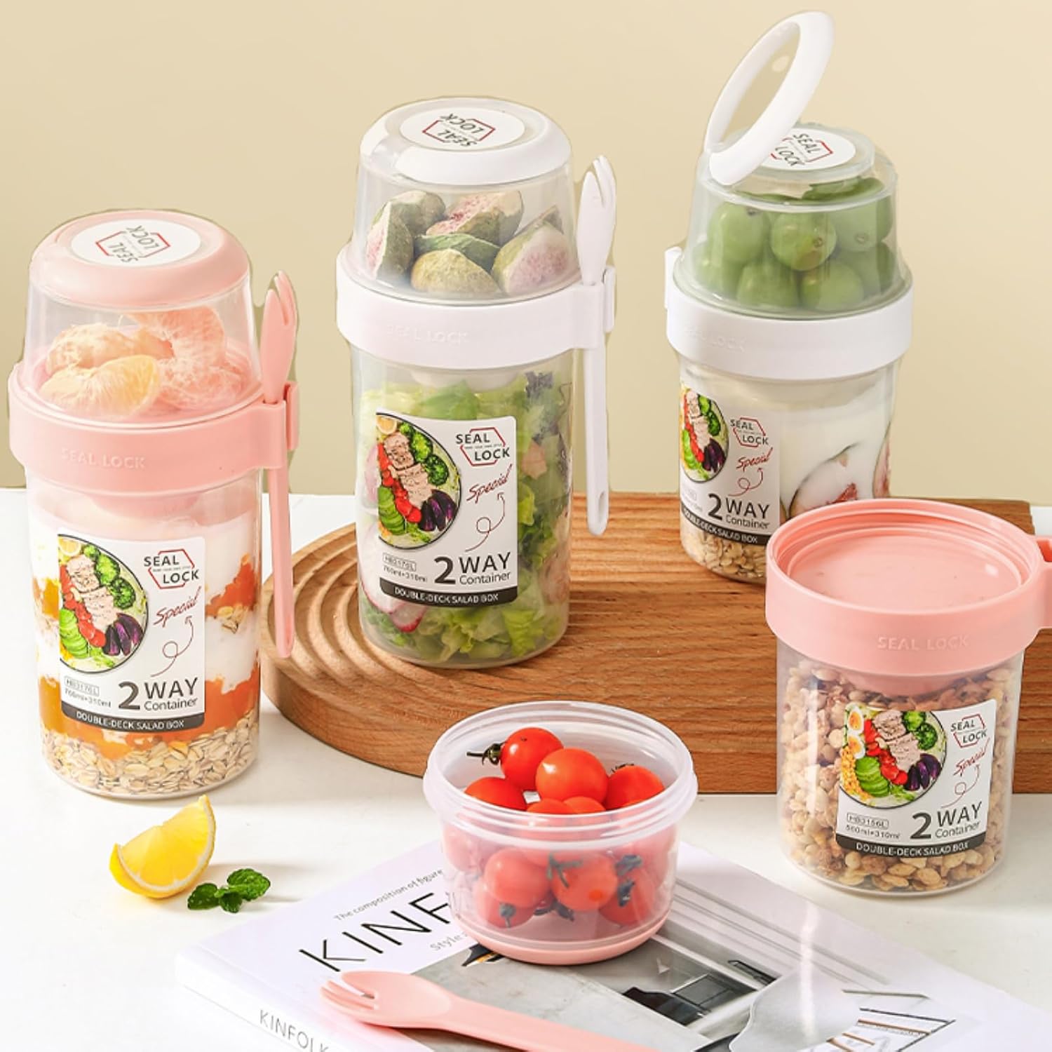 Tazas de desayuno sobre la marcha, taza de ensalada para llevar, cereales de yogur, avena durante la noche, recipientes para parfait y aderezo de