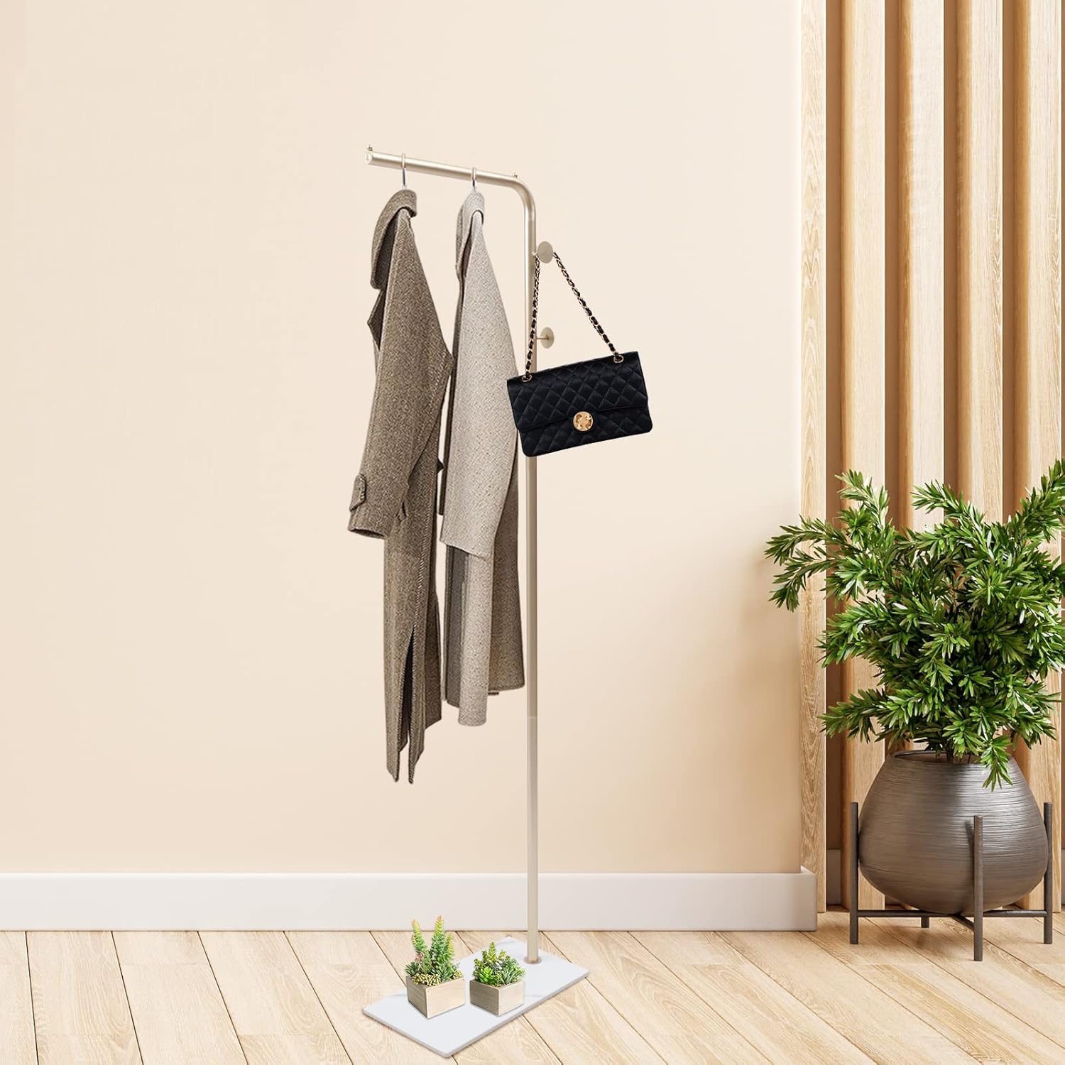 Perchero de metal independiente, moderno árbol de ropa con base de mármol natural, perchero de metal con 3 ganchos para entrada y esquina, perchero