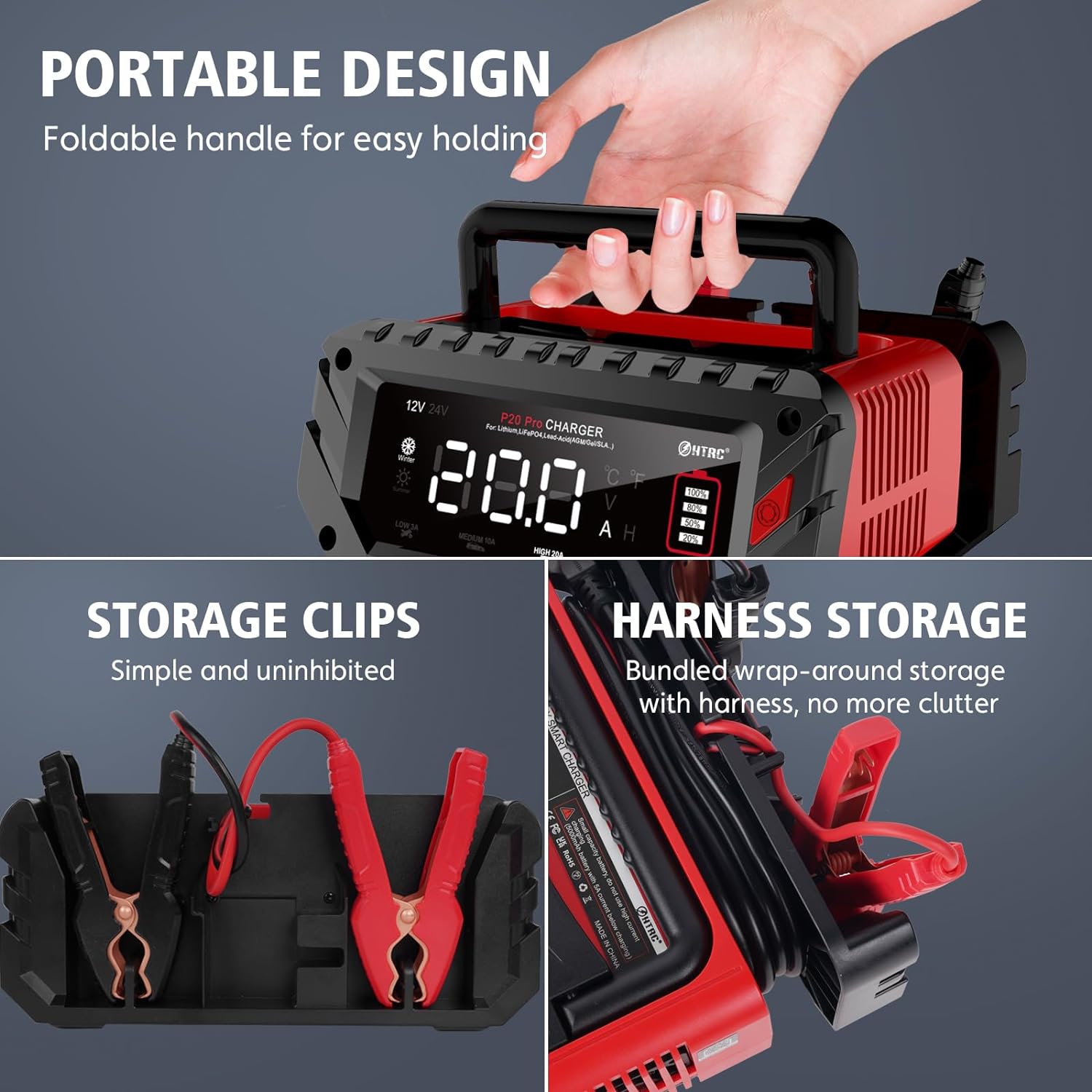 Cargador de batería de 20 amperios, 12 V24 V, cargador de batería inteligente totalmente automático, litio, cargador de flotador Lifepo4, cargador