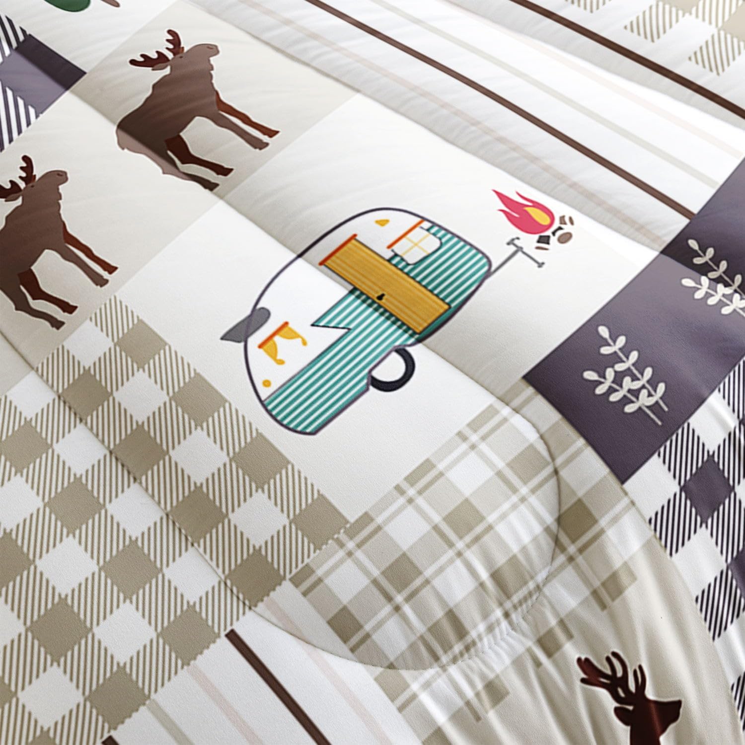 Datura home Happy Camper – Juego de edredón rústico con estampado de ciervos y camper con 1 edredón y 2 fundas de almohada para dormitorio de niños