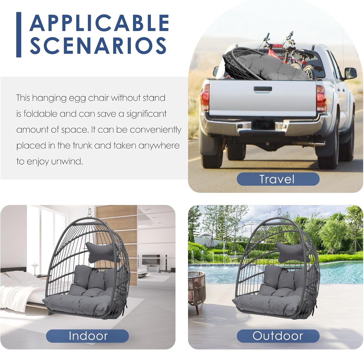 NICESOUL Silla colgante de mimbre para patio interior y exterior, hamaca con cesta de huevos, cojines resistentes a los rayos UV, capacidad de 265