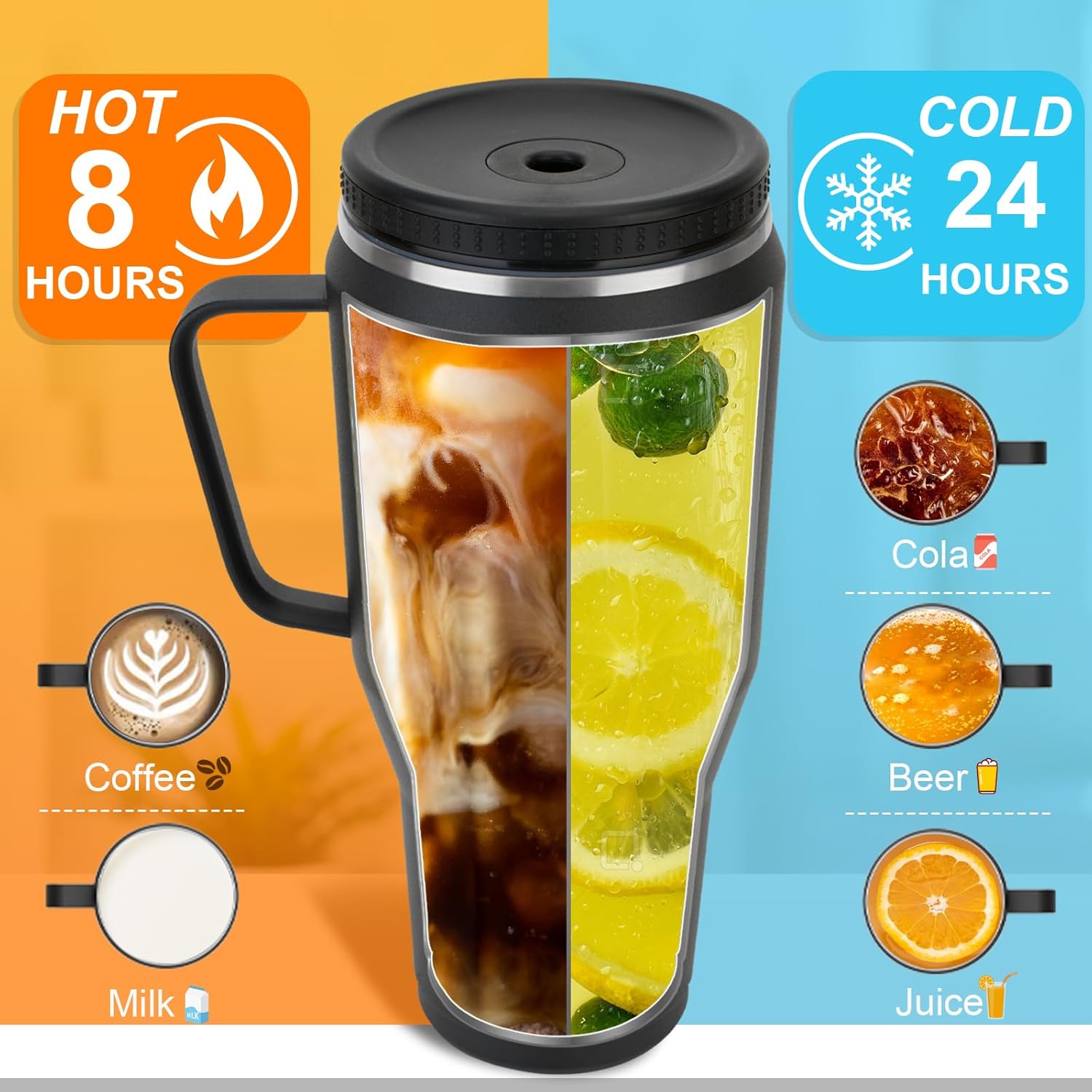 Sursip Vaso de 50 onzas con asa y tapa con pajilla, de acero inoxidable aislado al vacío, para café, viaje, mantiene el frío durante 24 horas, a