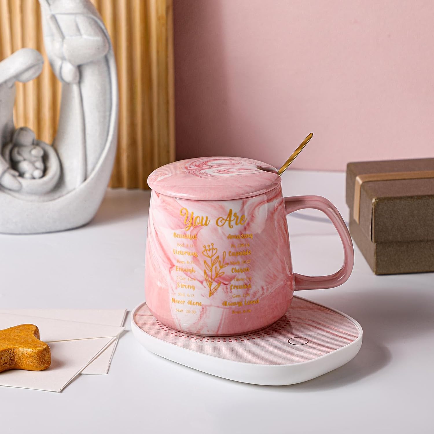 Regalos cristianos, calentador de café con versículo bíblico con taza para mujer, taza de mármol rosa, plato de calentamiento, regalo de cumpleaños,