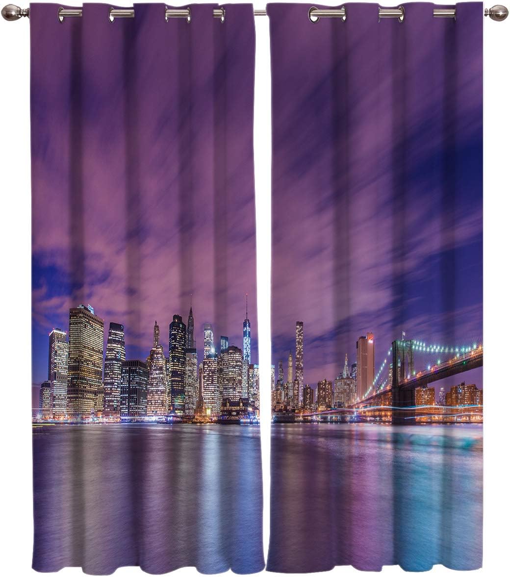 FortuneHouse Blackout Curtains Thermal Insulated American Cities at Night and Skyscrapers Solid Pattern Metal Grommet Elegant Room Drapes Window