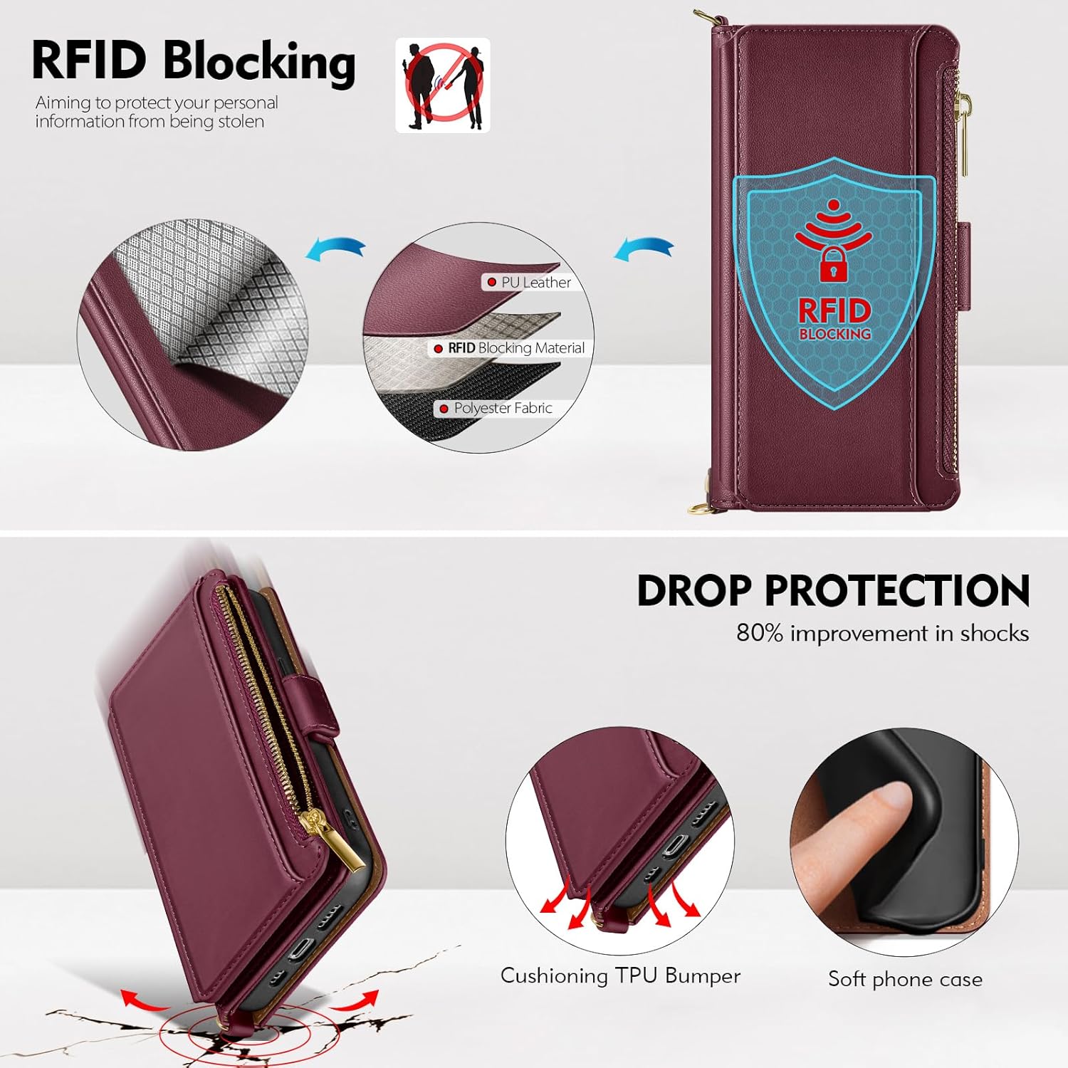 Antsturdy Funda tipo cartera compatible con iPhone 15 Pro Max para mujer, bloqueo RFID, funda cruzada de piel sintética con cremallera y correa para
