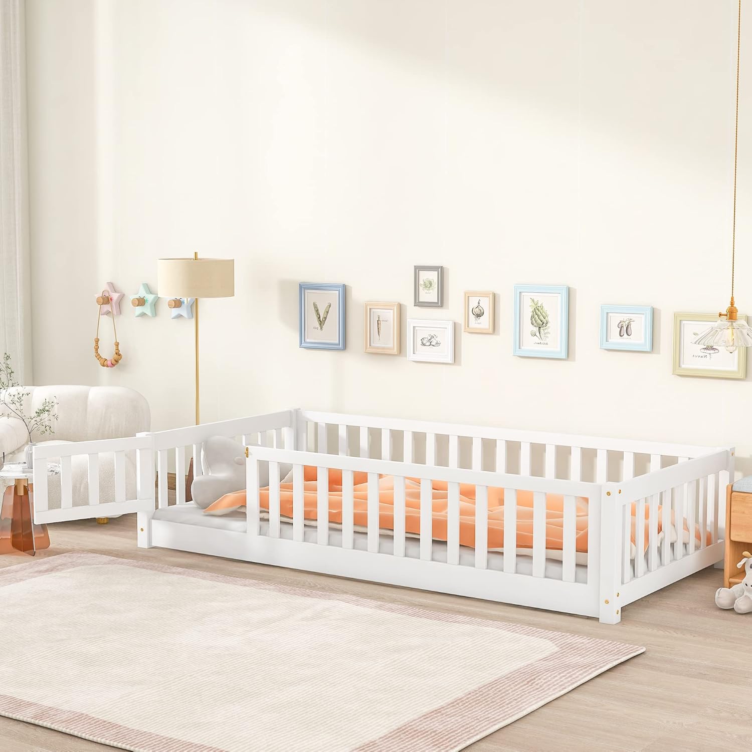 Cama moderna de plataforma de tamaño individual, cama de madera maciza con valla que se puede abrir, cama de madera para niños y niñas, soporte de