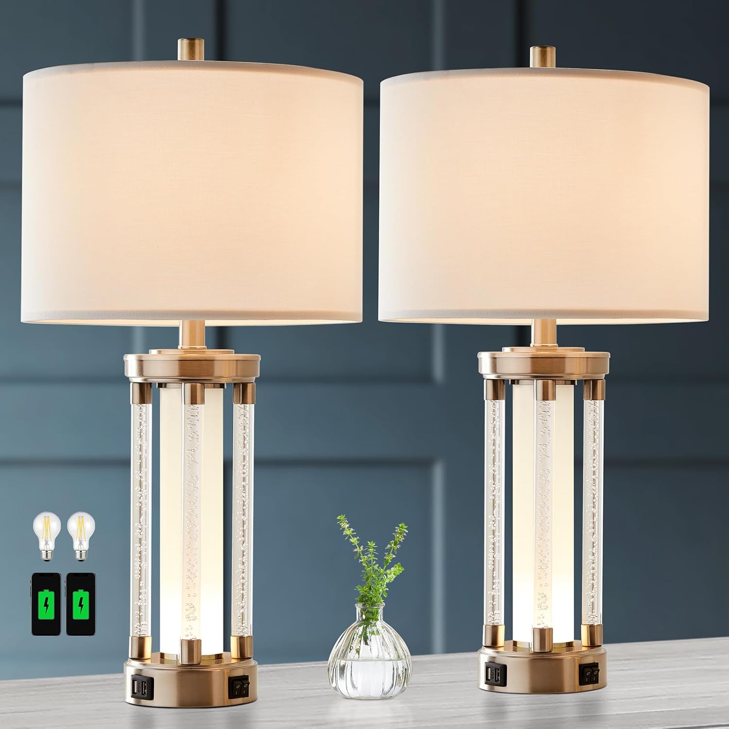 RORIA Juego de 2 lámparas de mesa modernas para sala de estar, dormitorio, lámpara de mesita de noche con 2 puertos USB, lámpara de noche de cristal