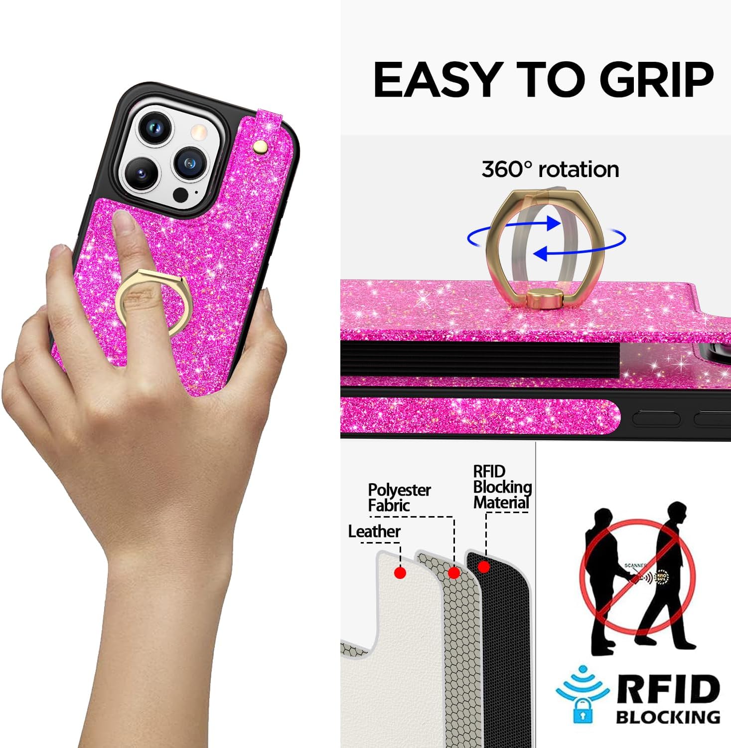 AICase Funda para tarjetas compatible con iPhone 15 Pro, funda protectora brillante con purpurina para mujer con soporte de anillo y 8 ranuras para