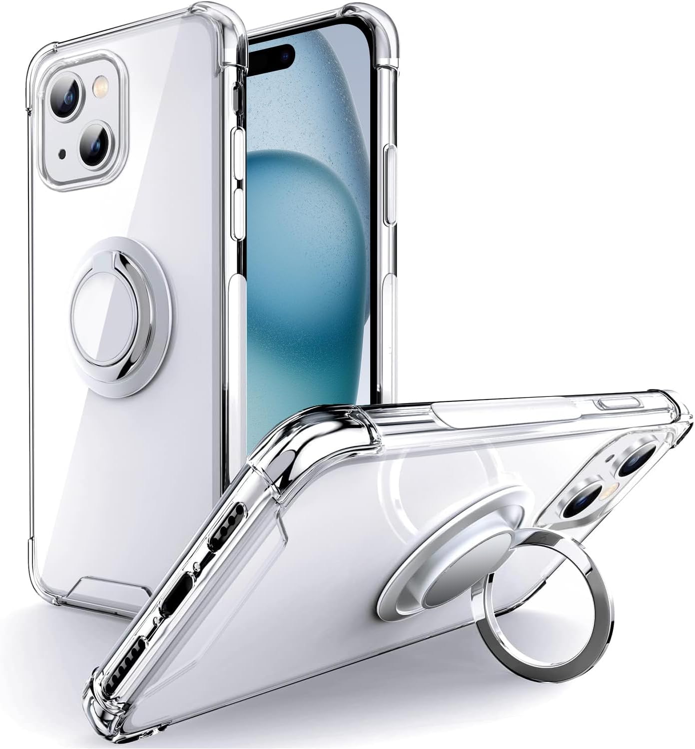 Silverback Funda transparente para iPhone 15 Plus con soporte de anillo, amortiguador de golpes, a prueba de golpes, funda para iPhone 15 Plus de