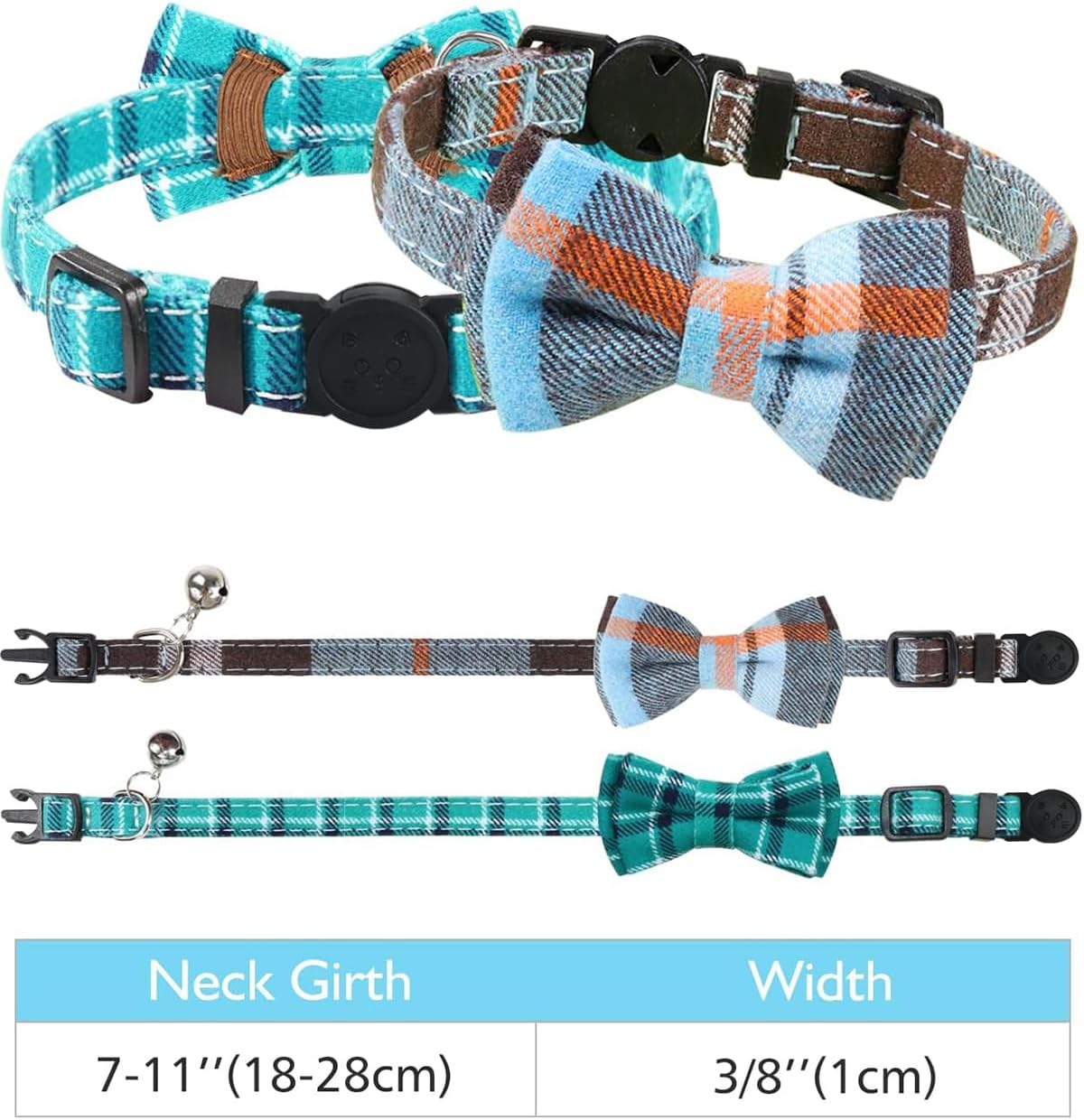 Joytale Collar de gato mejorado con campanas, collares de gato separados con pajarita, paquete de 2 collares de seguridad a cuadros para niñas y