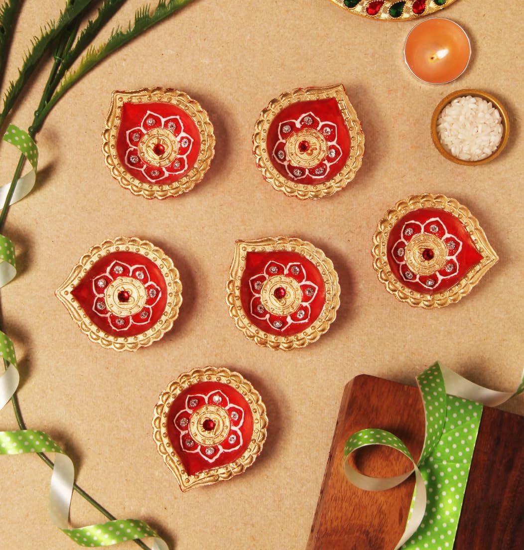 Terracoaat – Juego de 6 piezas de arcilla roja Diya para decoraciones de DiwaliNavratri, lámpara de aceite, Diwali, arcilla diya, soporte para velas