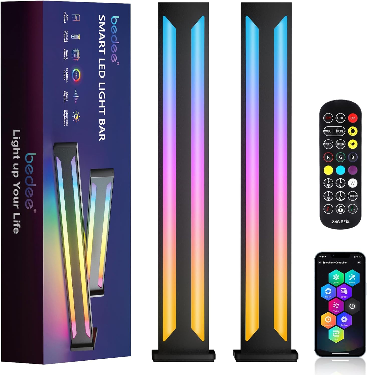 bedee Barra de luz LED inteligente 2 paquetes de barras de luz RGB 16 millones de colores que cambian de color, sincronización de música, control de