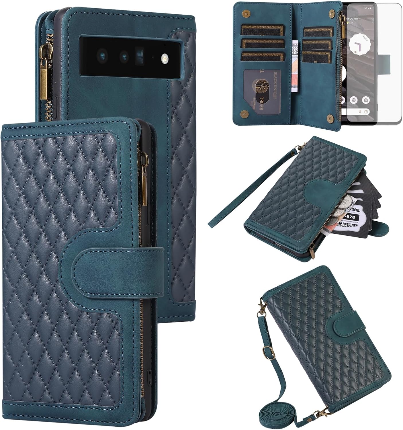 Asuwish Funda para teléfono para Google Pixel 6 Pro con protector de pantalla de vidrio templado y correa para la muñeca, cremallera abatible,