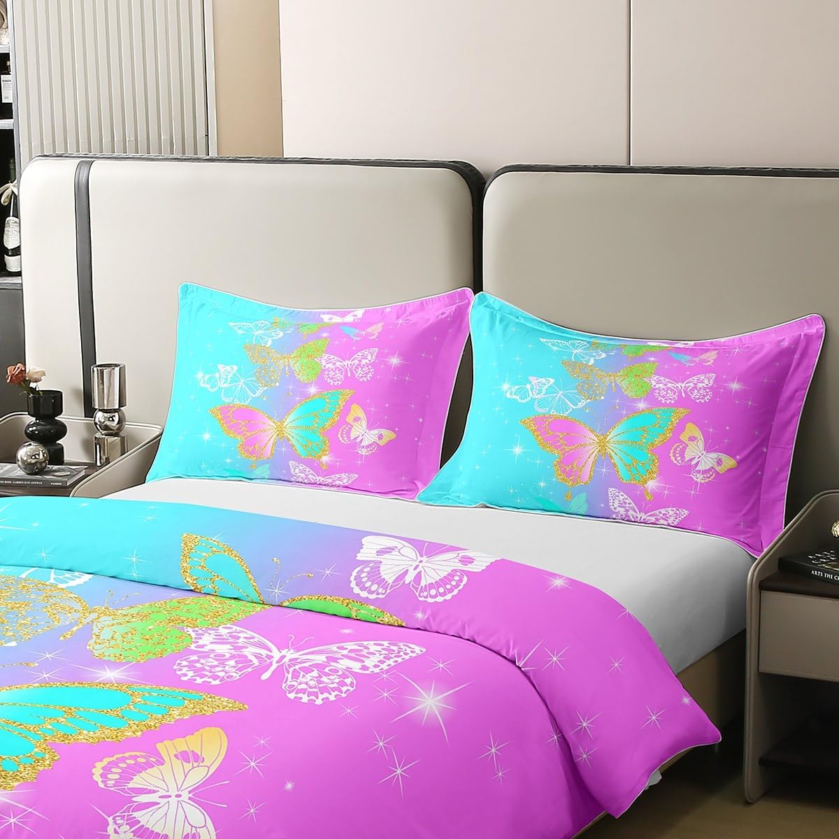 Dreamy Butterfly – Juego de funda de edredón 100 % algodón, diseño de cuadrícula azul y morado con purpurina para niños, niñas, adolescentes,