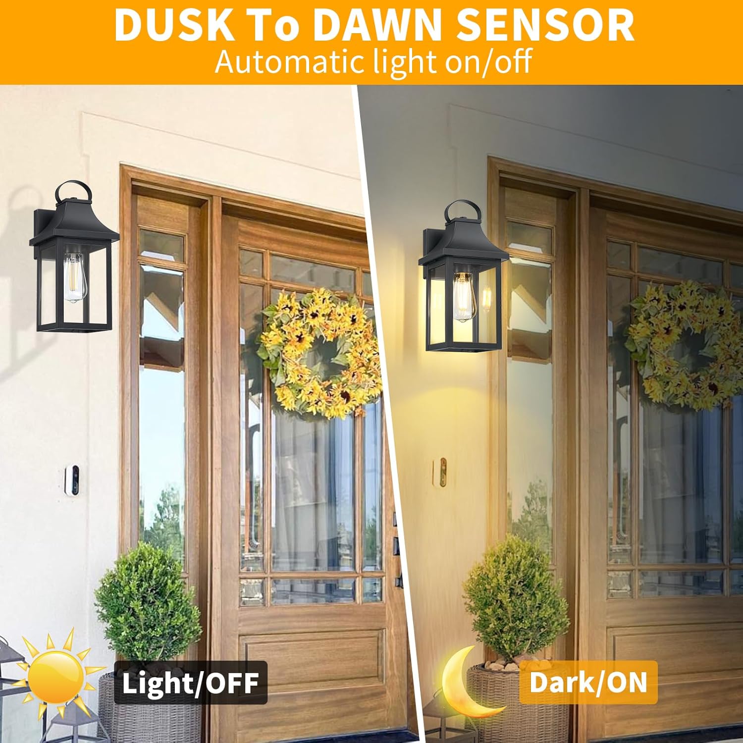 Lámparas de pared para exteriores del atardecer al amanecer, de 13.75 pulgadas, aplique de pared exterior con enchufe de base E26, farol de pared