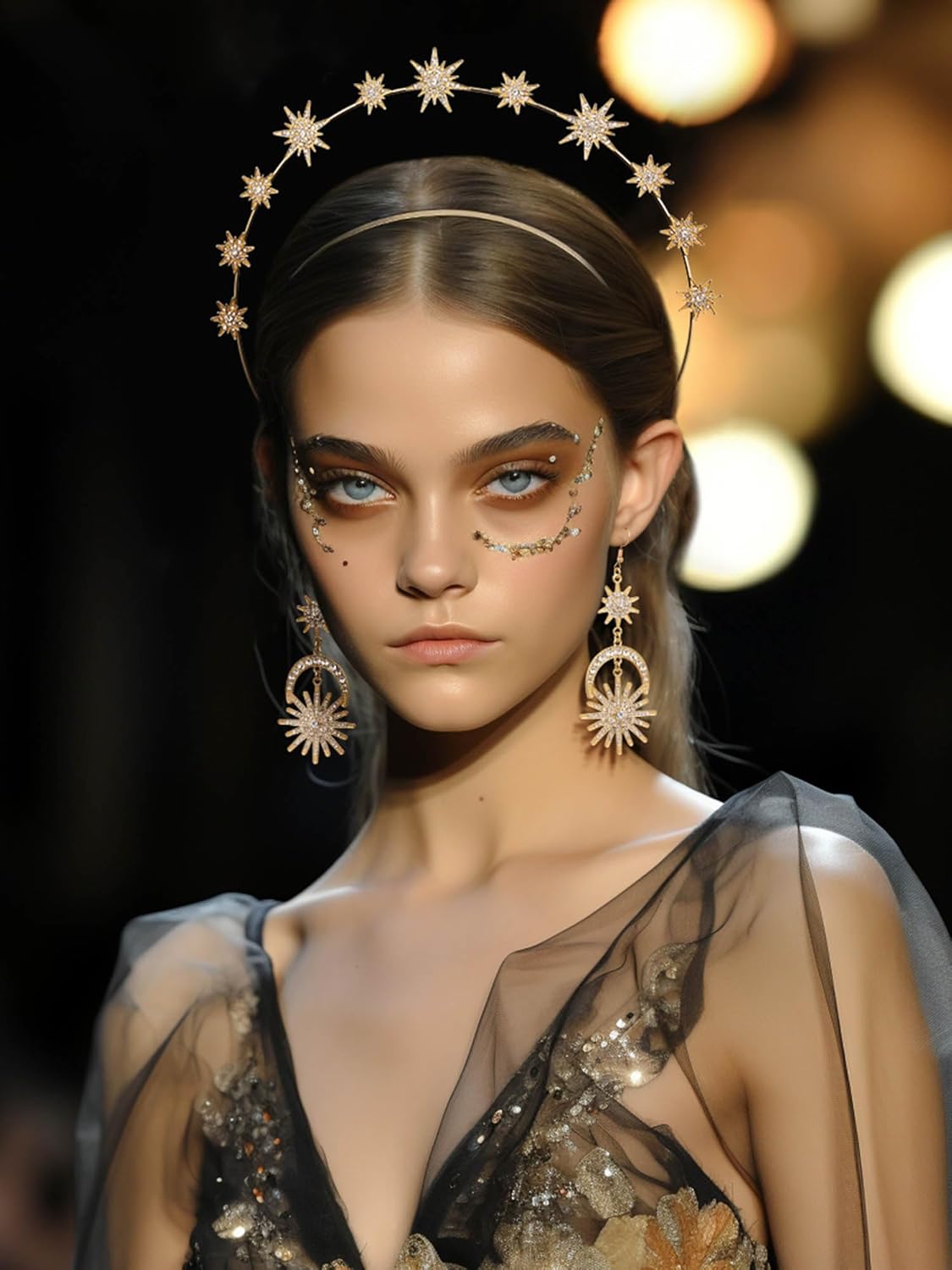 SWEETV Juego de coronas doradas con halo para mujer, tiara de estrella y aretes colgantes, diadema de boda, diadema de diosa para cosplay, disfraz