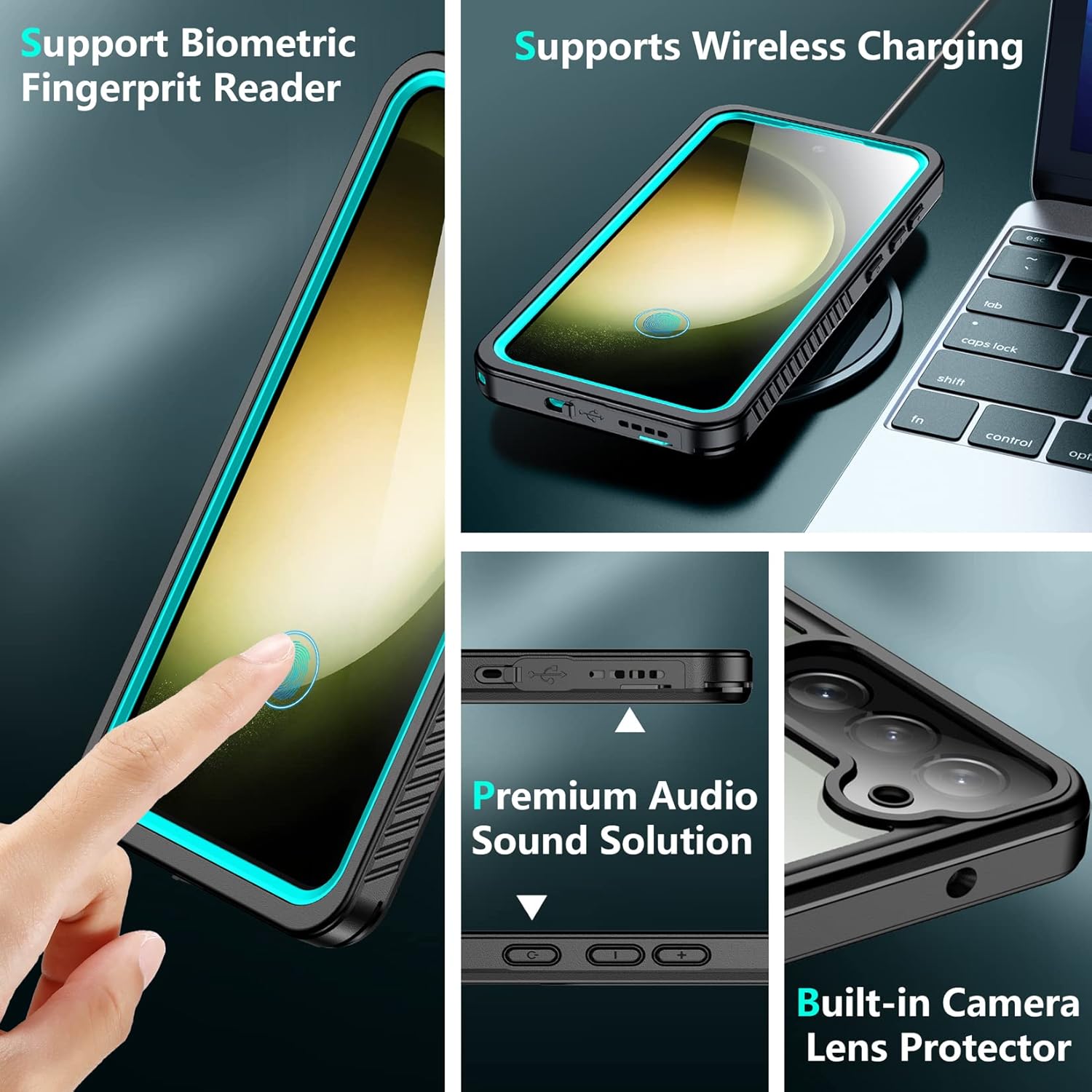 SPIDERCASE Funda diseñada para Galaxy S23 Plus, protector de pantalla integrado impermeable 12 pies a prueba de golpes militares IP68 impermeable de