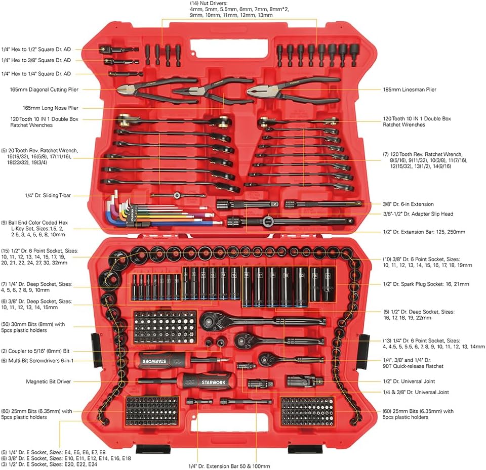 TRUE MECHANIC Juego de herramientas mecánicas de 305 piezas, 120T, llave de trinquete reversible 2 en 1, juego métrico profesional