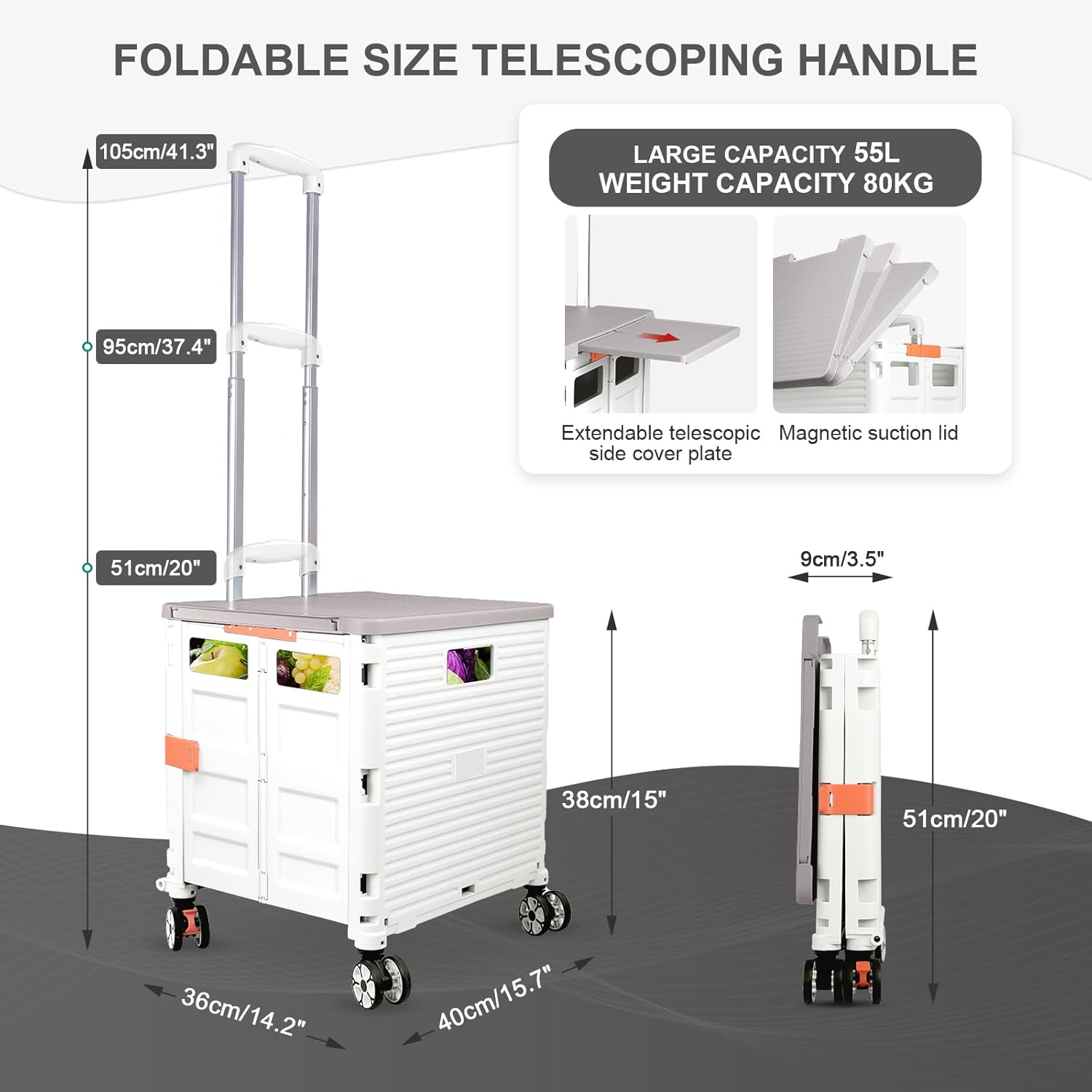 FELICON SELORSS – Carrito plegable portátil con tapa deslizante magnética, mango telescópico, caja de plástico, ruedas giratorias de 360 para