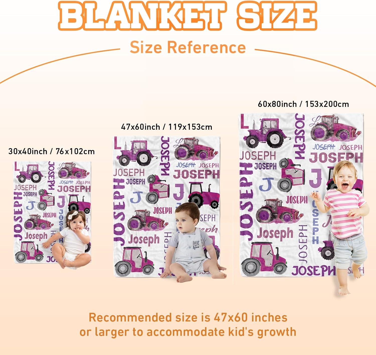 Mantas de tractor con nombre personalizado, mantas de bebé de felpa suave para niñas con patrón de tractor impreso y puntos elevados relajantes,
