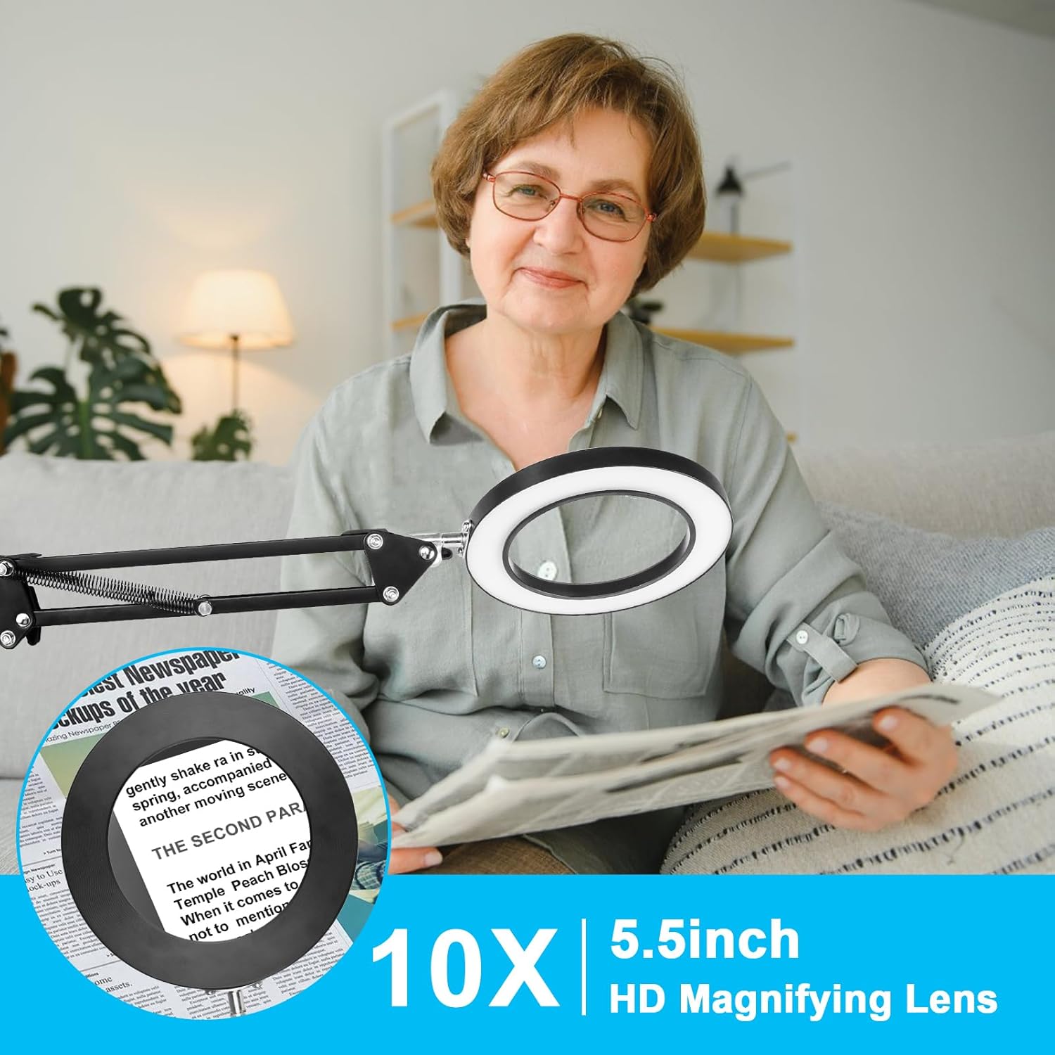 Lupa 8X con luz y soporte, 3 temperaturas de color, lámpara de pie con aumento de brillo ajustable, lupa iluminada con brazo oscilante para lectura,