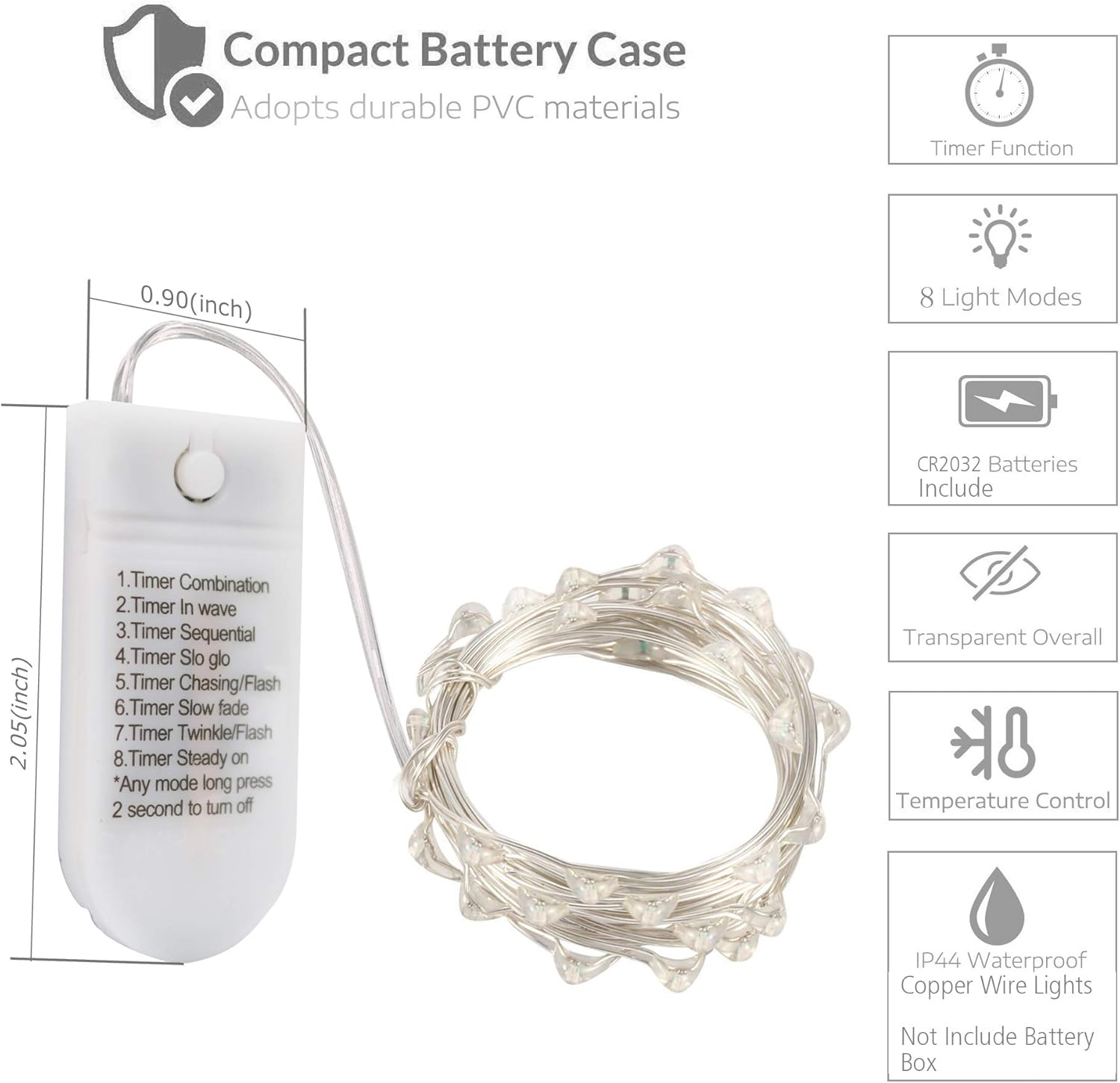 Paquete de 12 Guirnalda de luces de hadas de 8 modos con temporizador, 20 luces LED en cable plateado de 6.5 pies, luces de hadas alimentadas con