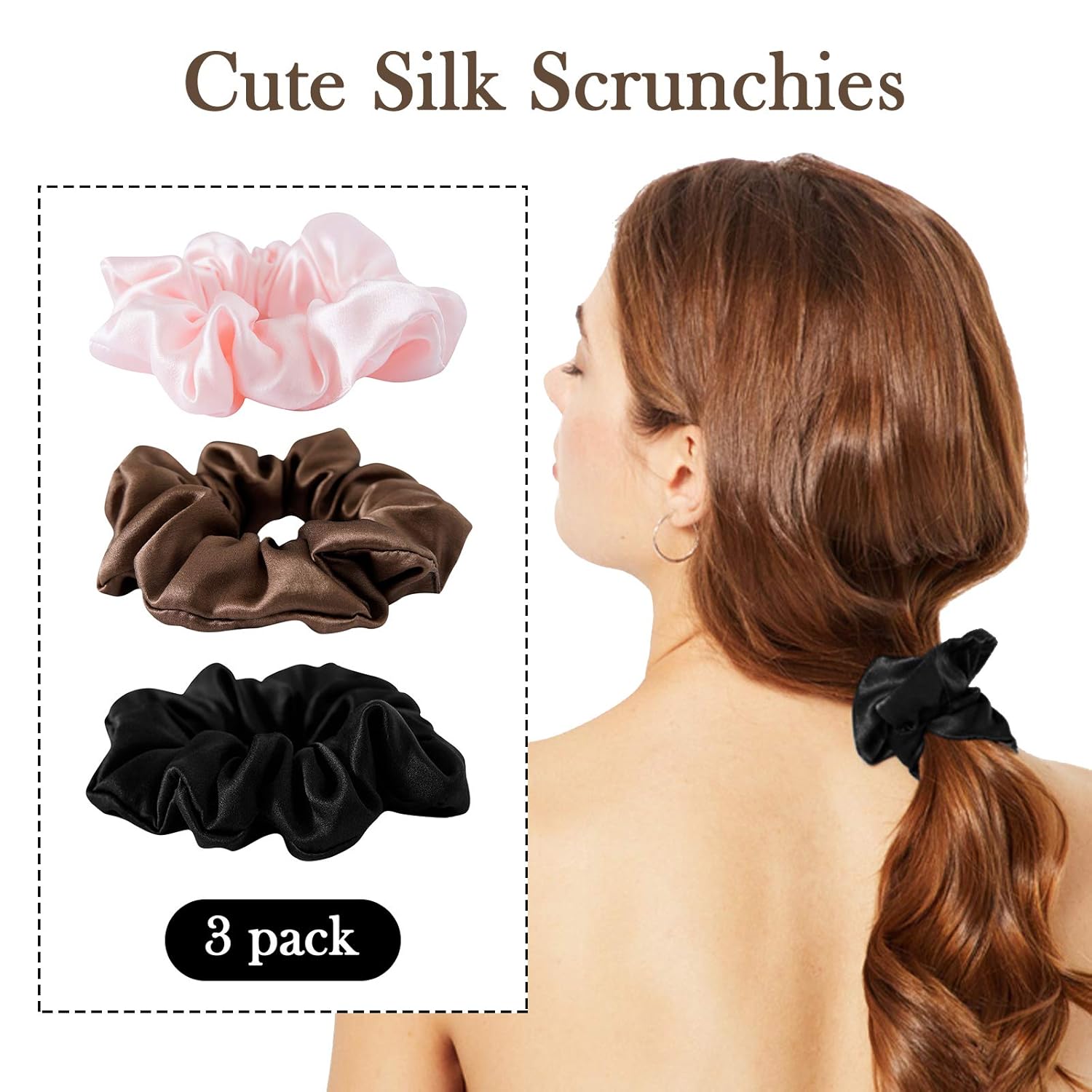 Coleteros de seda para mujer, 100% seda de morera, paquete de 3 bandas elásticas para el cabello para dormir el cabello, sin daños, accesorios