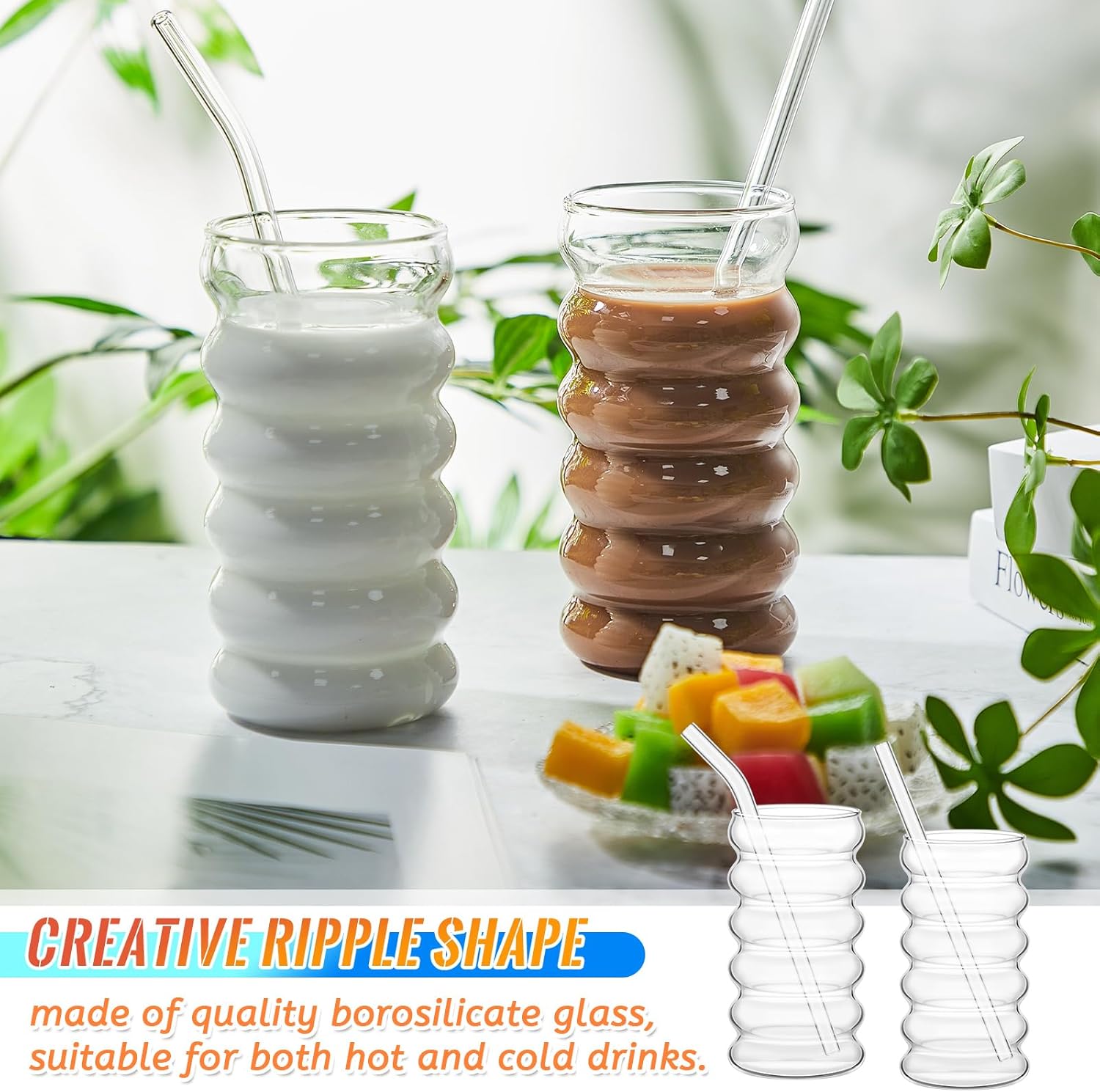 Tessco 4 vasos creativos de vidrio vintage, vasos acanalados de cristalería estética, vajilla de entretenimiento con pajitas, juego de vasos para