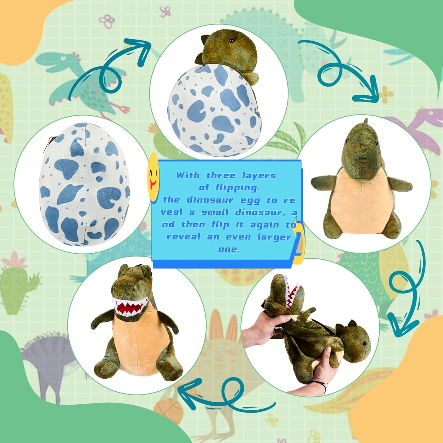 Animal de peluche de dinosaurio, con tres capas de huevos de dinosaurio para decoraciones de Pascua, juguetes de dinosaurio reversibles para niños,