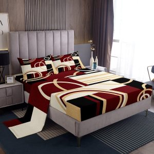 Erosebridal Juego de sábanas modernas geométricas de rayas rojas, marrones, negras, tamaño individual, retro, círculos, espirales, decoración de Erosebridal Juego de sábanas modernas geométricas de rayas rojas, marrones, negras, tamaño individual, retro, círculos, espirales, decoración de