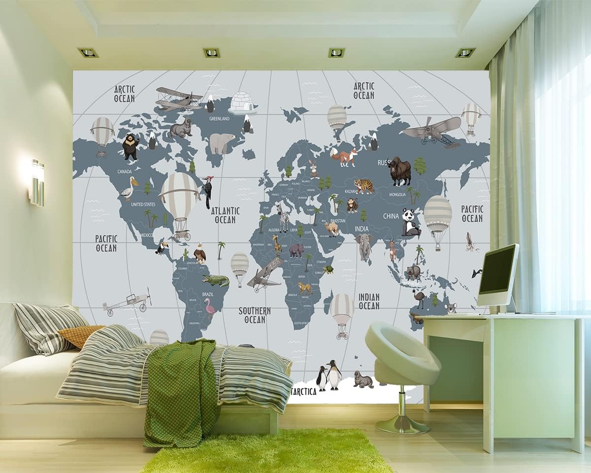 Picture Sensations Mural de pared con textura de lienzo, mapa del mundo con papel tapiz de animales, arte de pared para guardería, papel tapiz para