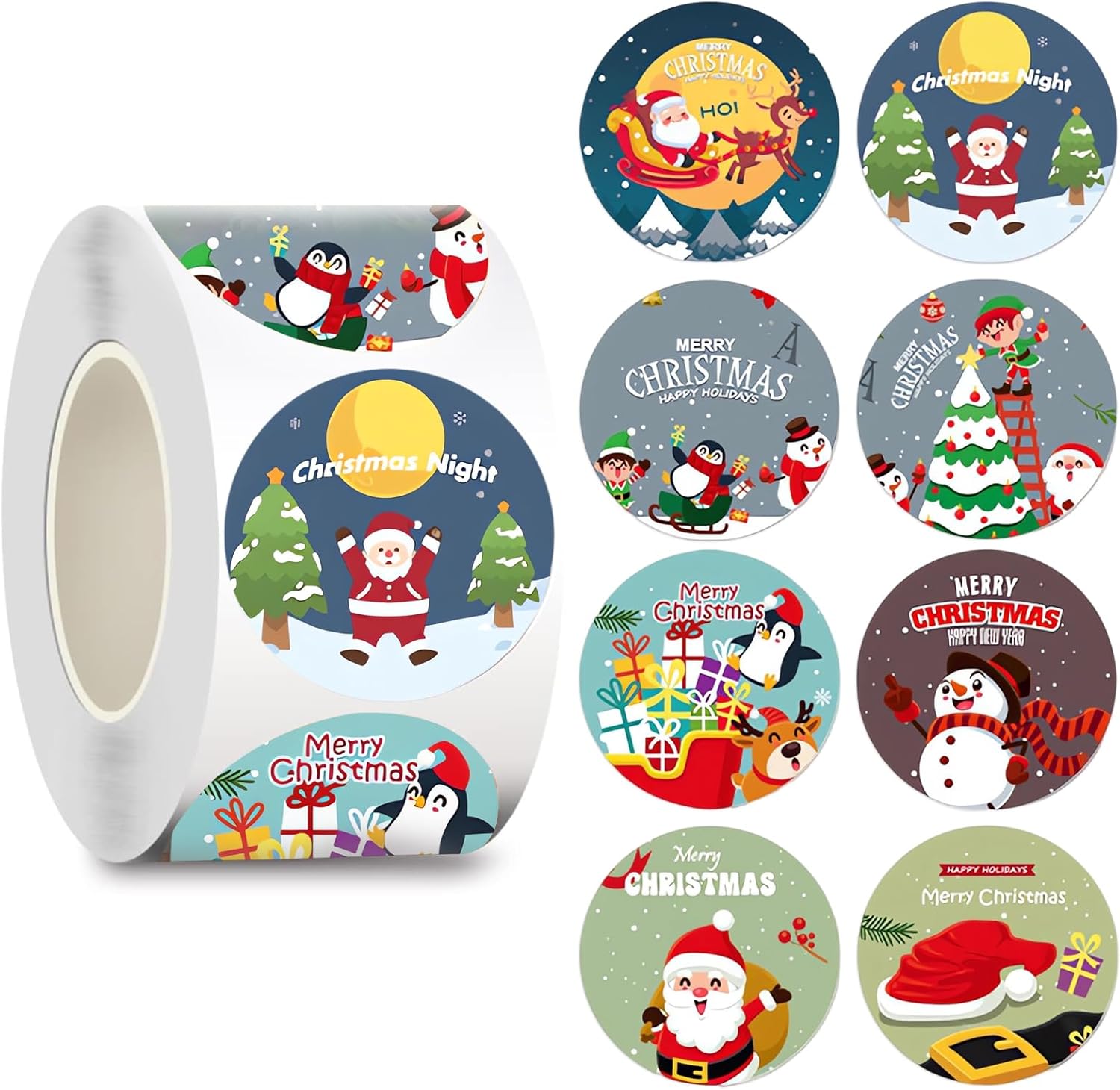 Etiquetas adhesivas de Navidad de 1.5 pulgadas, 500 unidades de 8 diseños de calcomanías de rollo de Navidad, muñeco de nieve, Papá Noel, reno,
