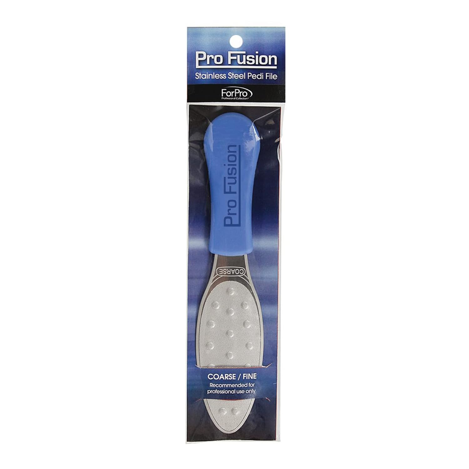 ForPro Pro Fusion – Archivo de pedicura de acero inoxidable, grueso y de doble cara, calidad profesional con mango azul para talones y pies, 8.25