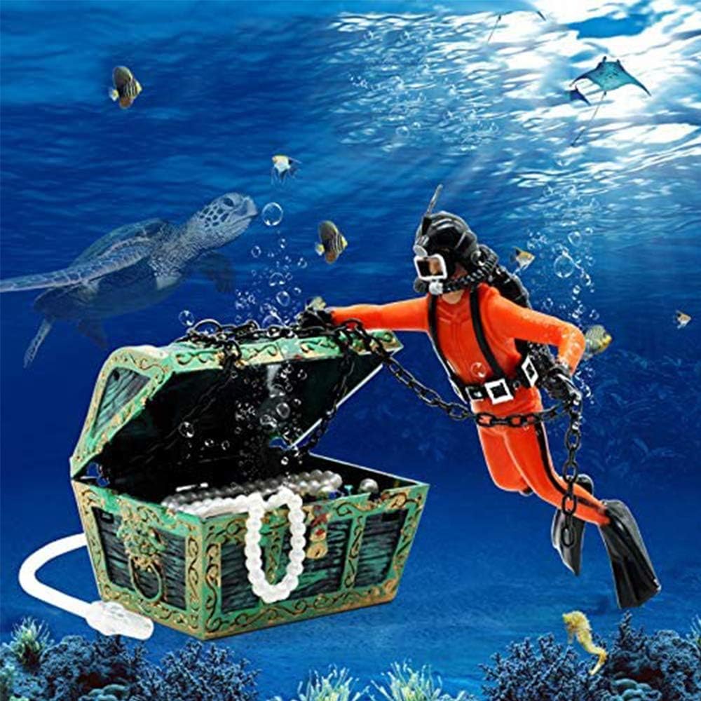 Saim Treasure Chest & Diver – Adorno de acuario con movimiento de burbujas de aire de acción en vivo