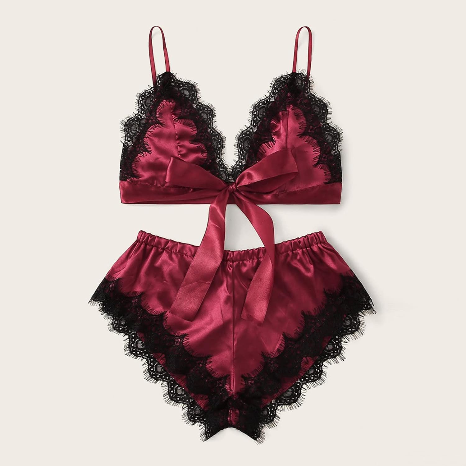 Conjunto de lencería de satén para mujer, 2 piezas, con ribete de encaje, lindo lazo, ropa de dormir exótica para noche romántica