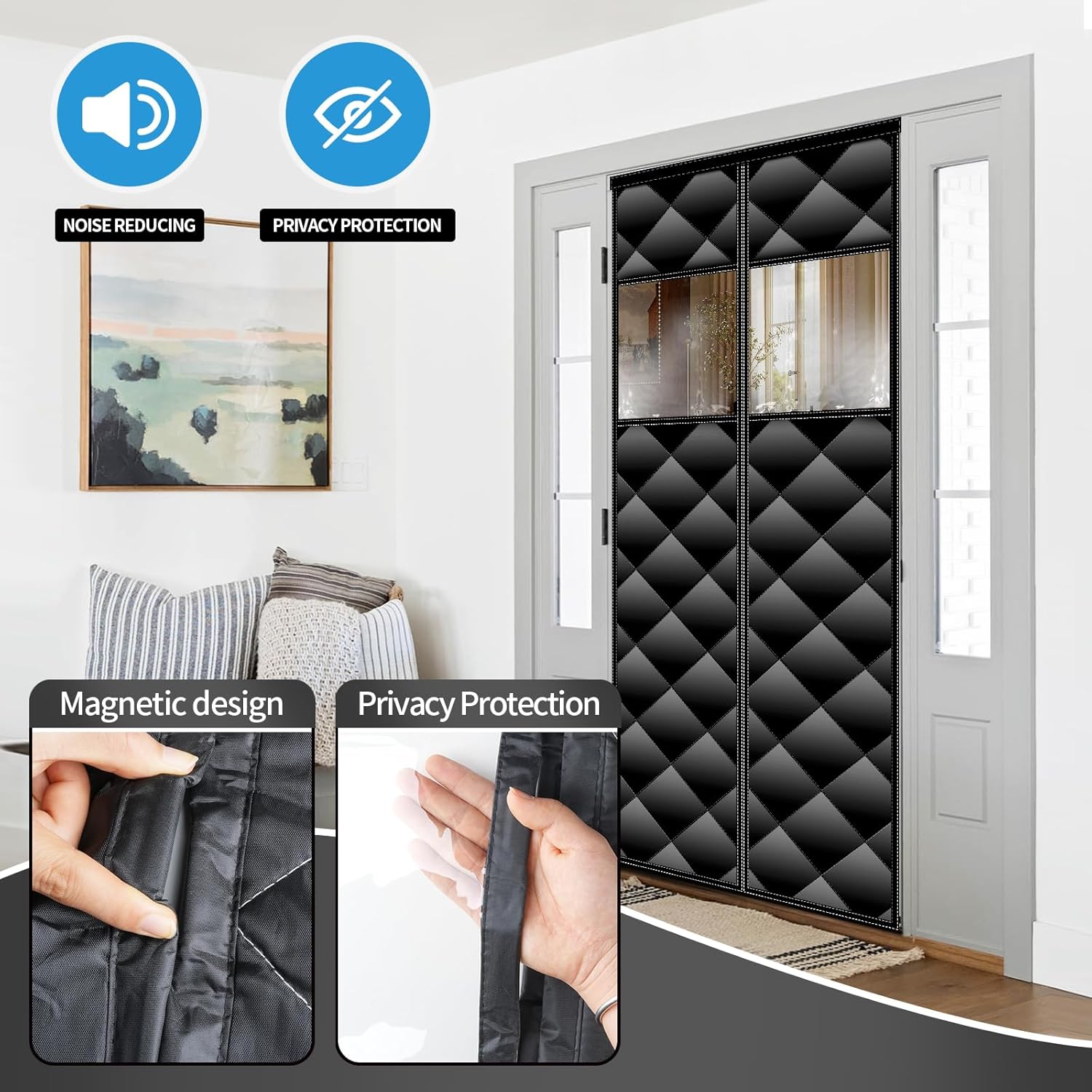 Cortina de puerta con aislamiento magnético con ventanas desmontables, relleno de fibra de poliéster, se adapta a puertas de hasta 36 x 82 pulgadas,