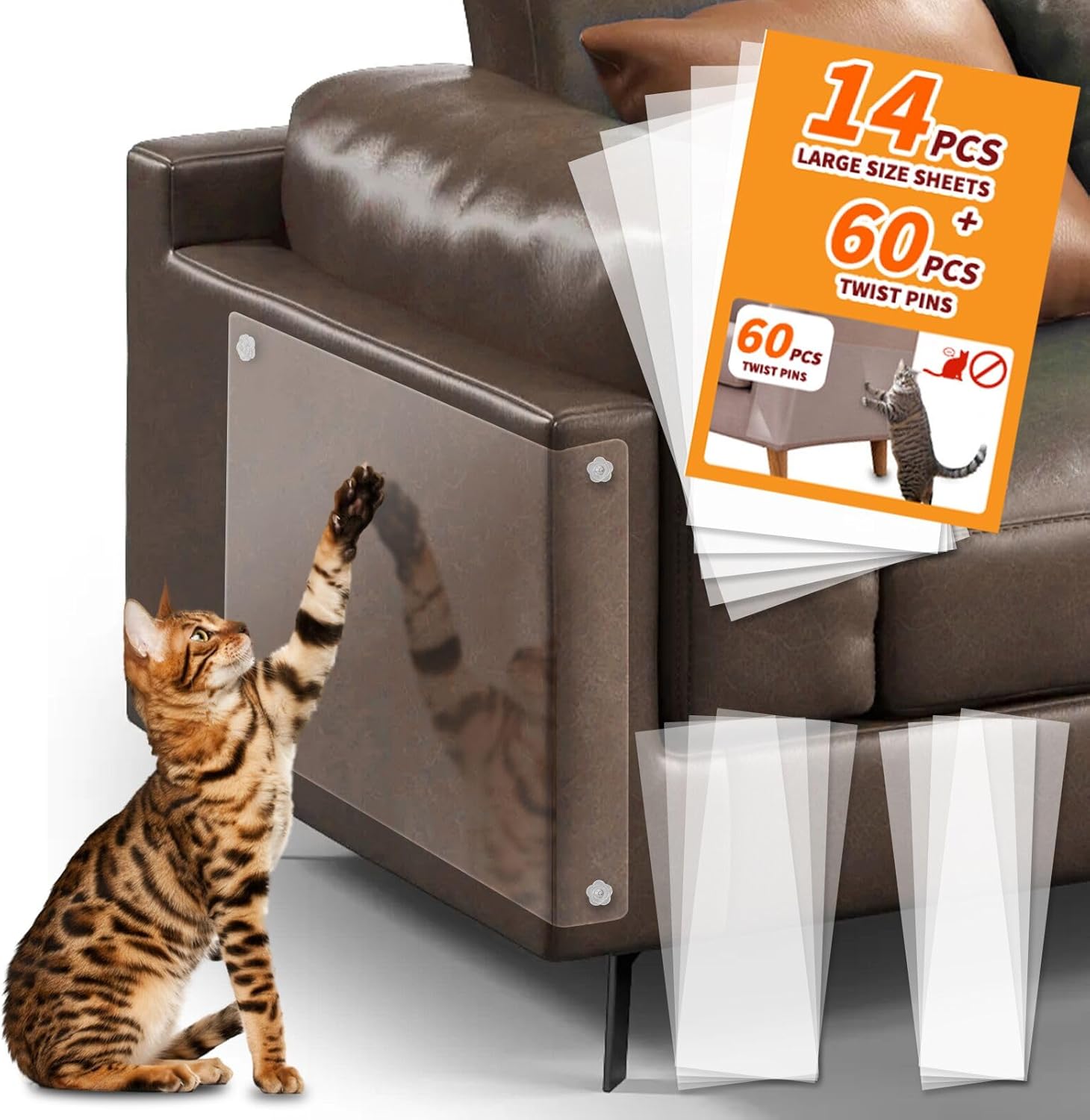 JuneHeart – Protector de muebles contra arañazos para gatos, paquete de 14 protectores de sofá para gatos de tamaños grandes con 60 pines,