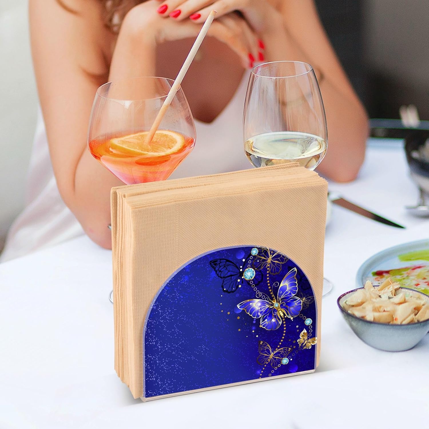 Elegante servilletero de mariposa azul, soportes de acrílico para servilletas de mesa de cóctel, dispensador de papel para cocina, comedor,