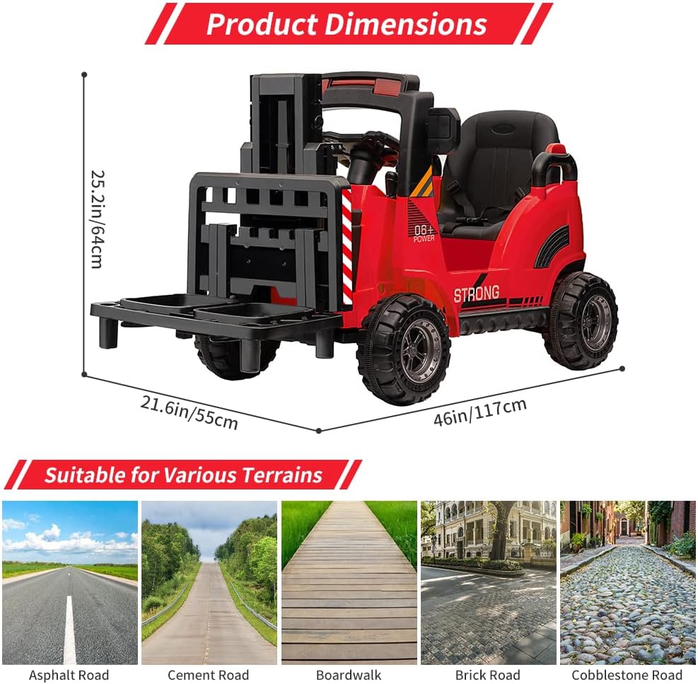 Carretilla elevadora de 12 V, coche eléctrico de construcción con control remoto, horquilla y palet elevable, 2 velocidades, música, USB, MP3 y