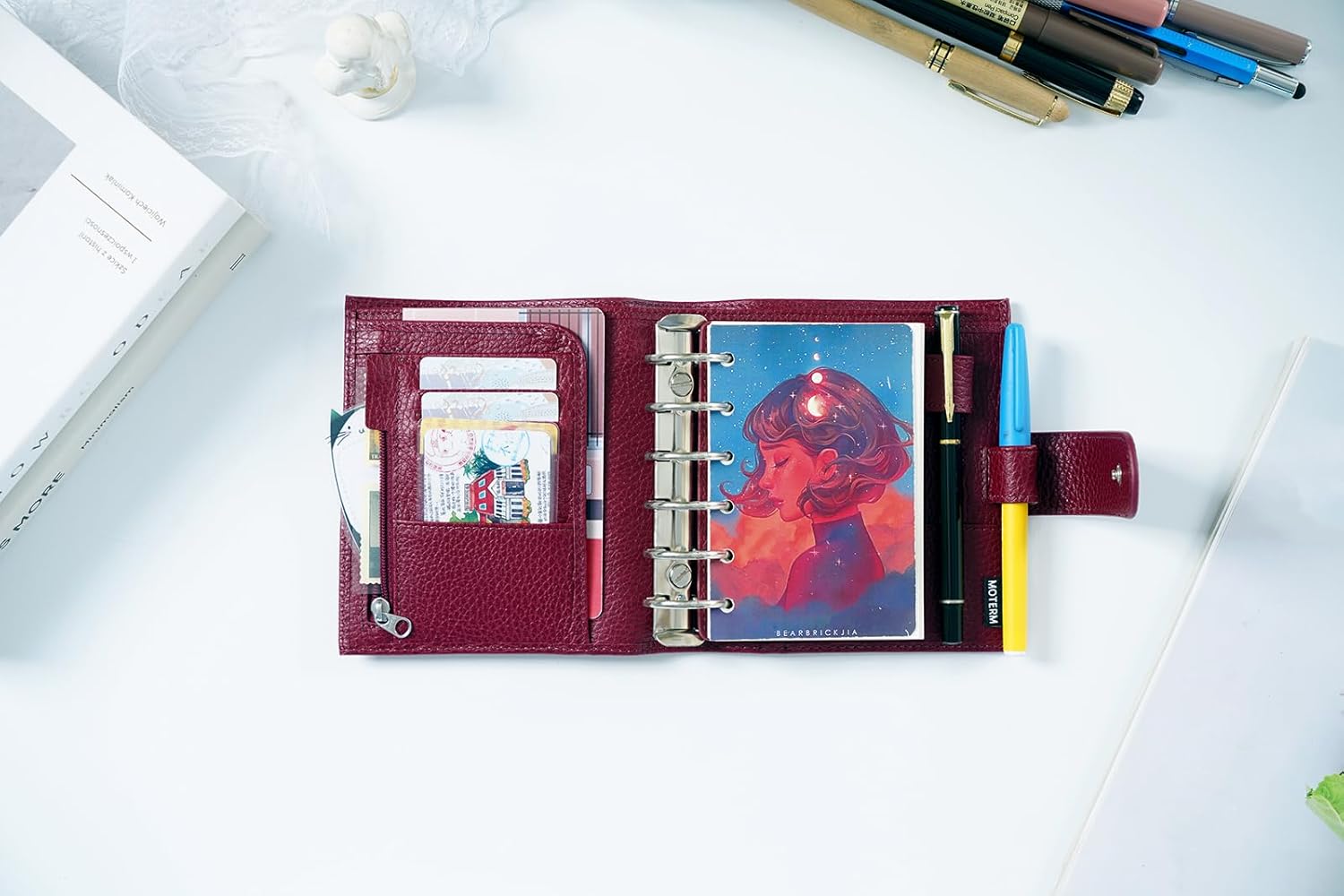 Moterm Pocket Luxe – Planificador de anillos  Organizador de carpeta de cuero genuino (anillo de 1.18 pulgadas, diseño de remolacha de guijarro