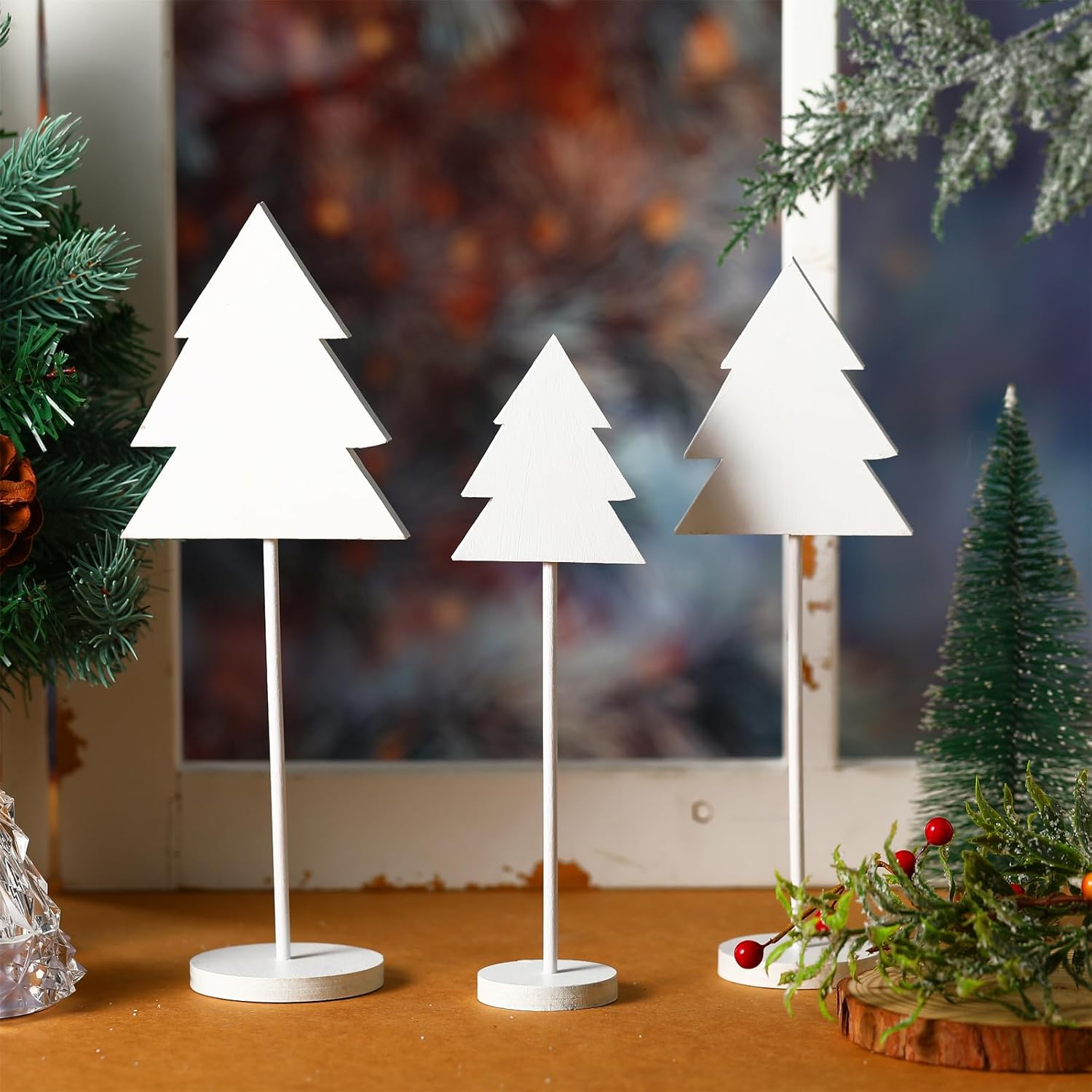 3 piezas de decoración de mesa de Navidad de pie alto blanco madera árbol de Navidad letreros de mesa de madera de Navidad decoración rústica centro