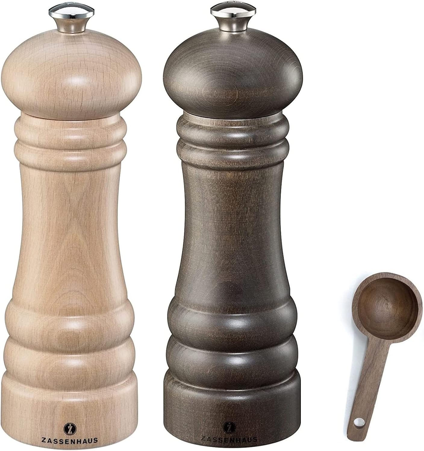 Zassenhaus Berlin Molinillo de sal natural y pimienta teñida oscura, juego de regalo, con cuchara de madera para especias (7.1 pulgadas)