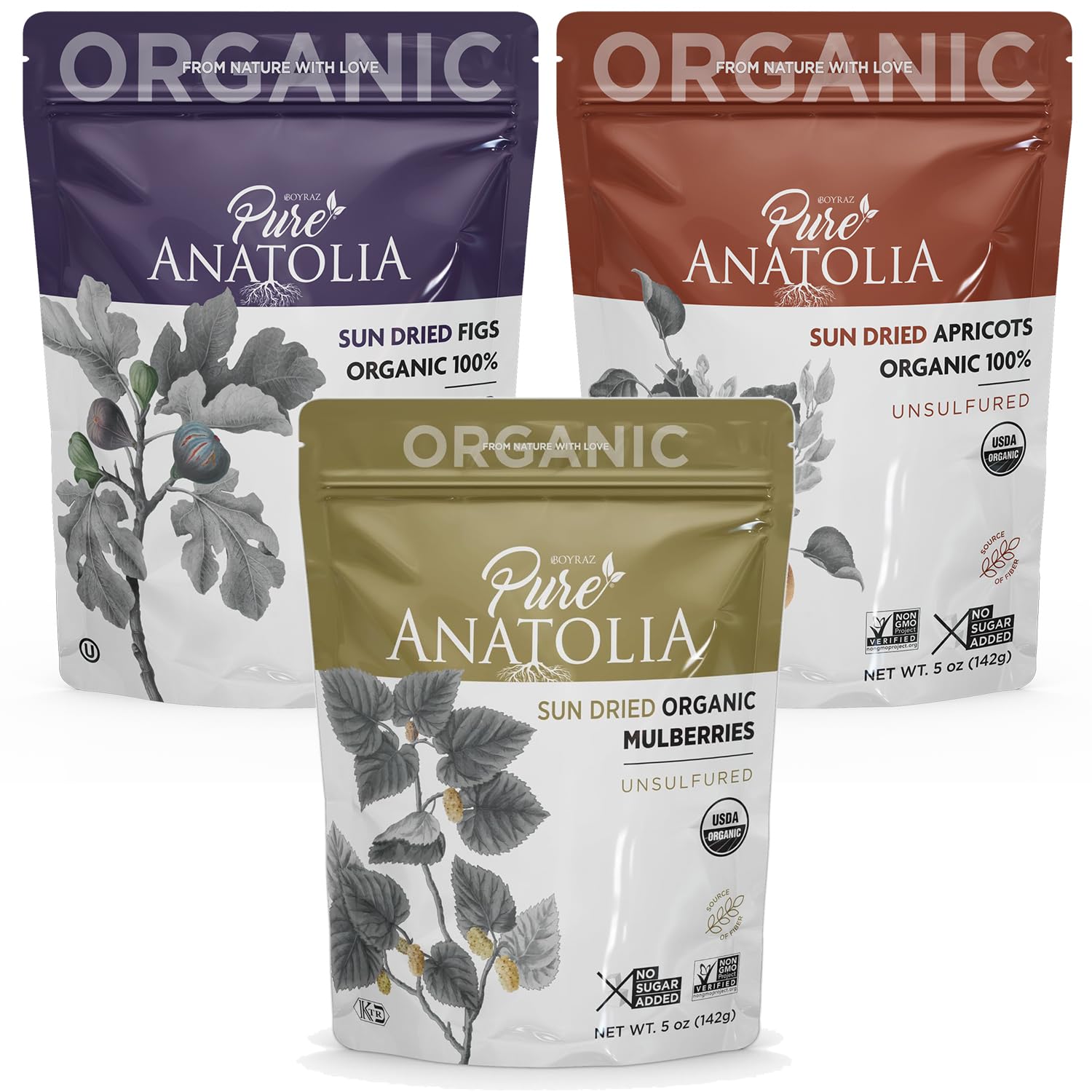 %100 Surtido de frutas secas orgánicas, higos, albaricoques, moras, paquete de 3  Sin azúcares añadidos, azufres ni conservantes  Sin OMG, vegano,