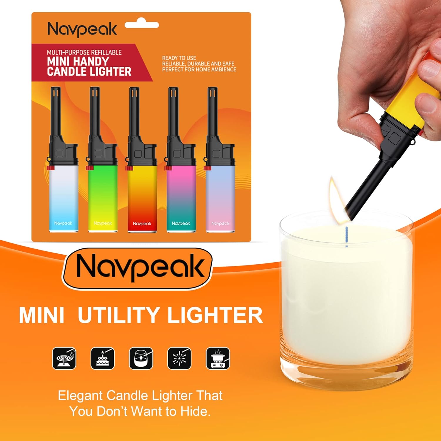 Navpeak Mini encendedor de velas, colorido juego de encendedores multiusos con varita extendida, práctico gas recargable para cocina, chimenea, luz