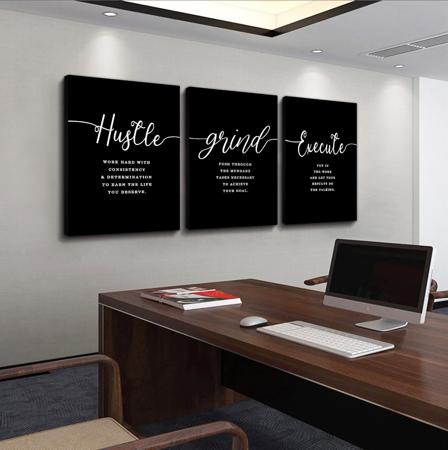 Decoración de oficina, impresiones de ajetreo con citas de ejecución, lienzo enmarcado para pared, arte de pared de oficina, póster grande negro,